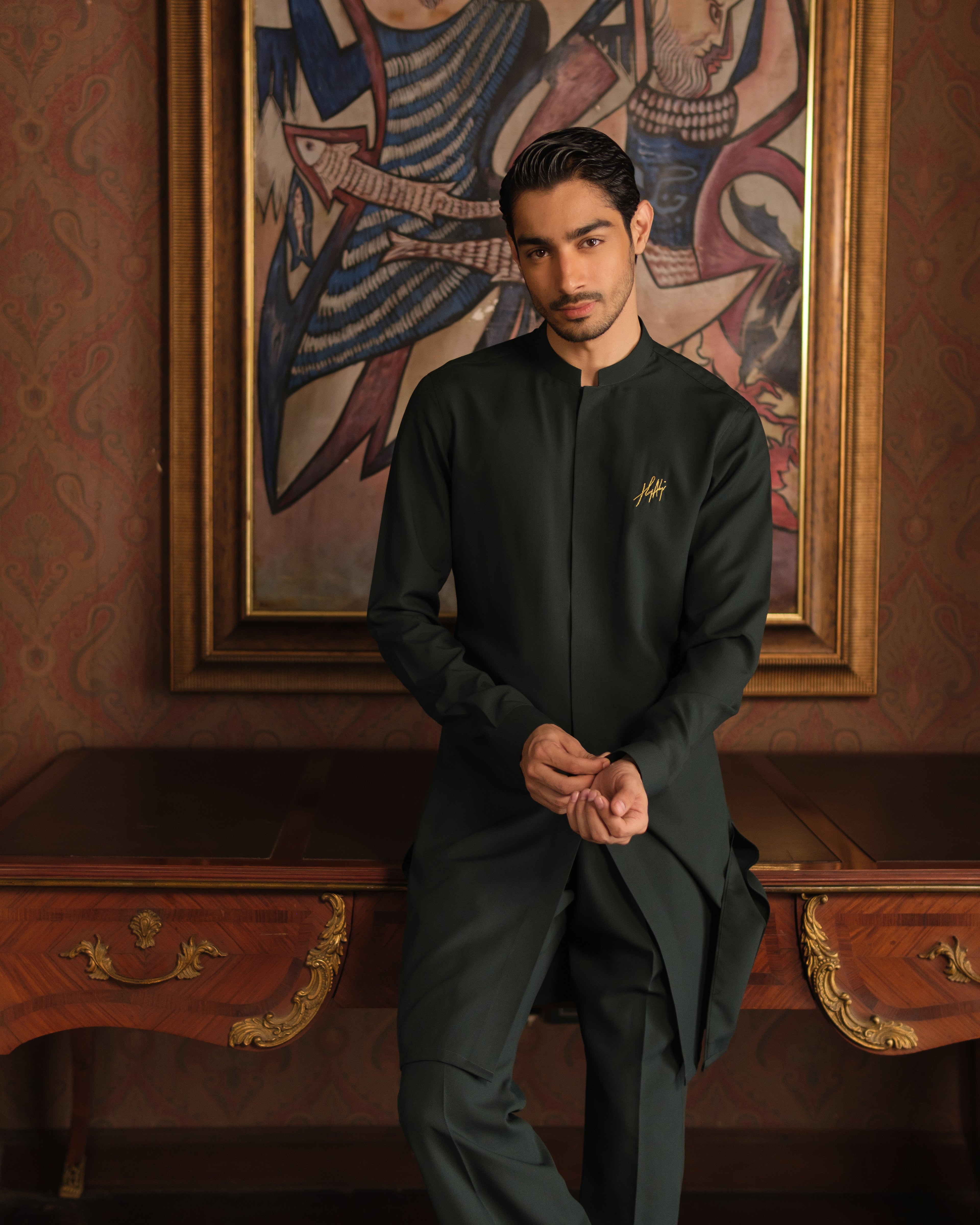 BOTTLE GREEN CHAMBRAY WASH N WEAR KURTA PAJAMA