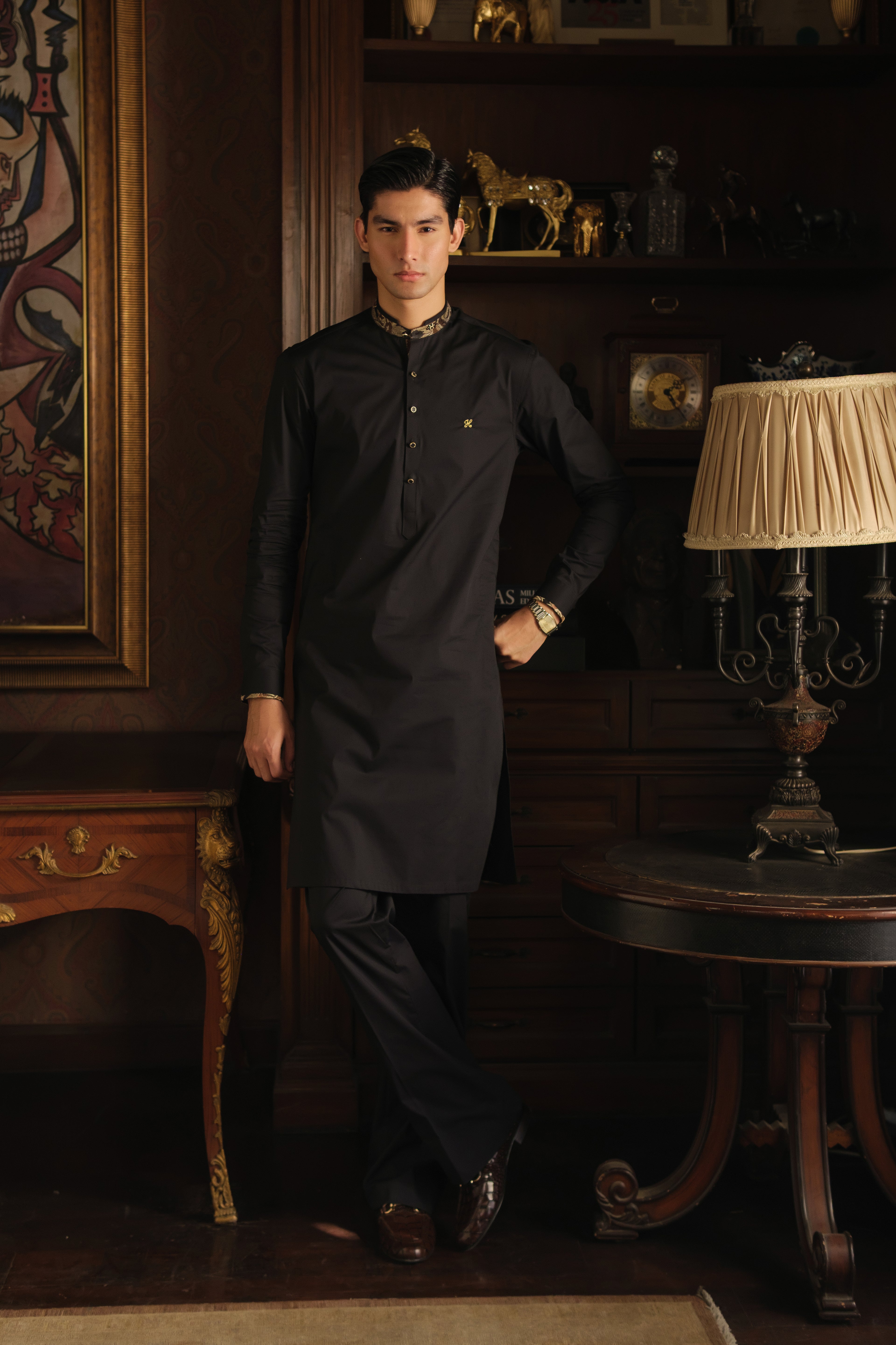 BLACK STRETCHABLE COTTON KURTA PAJAMA