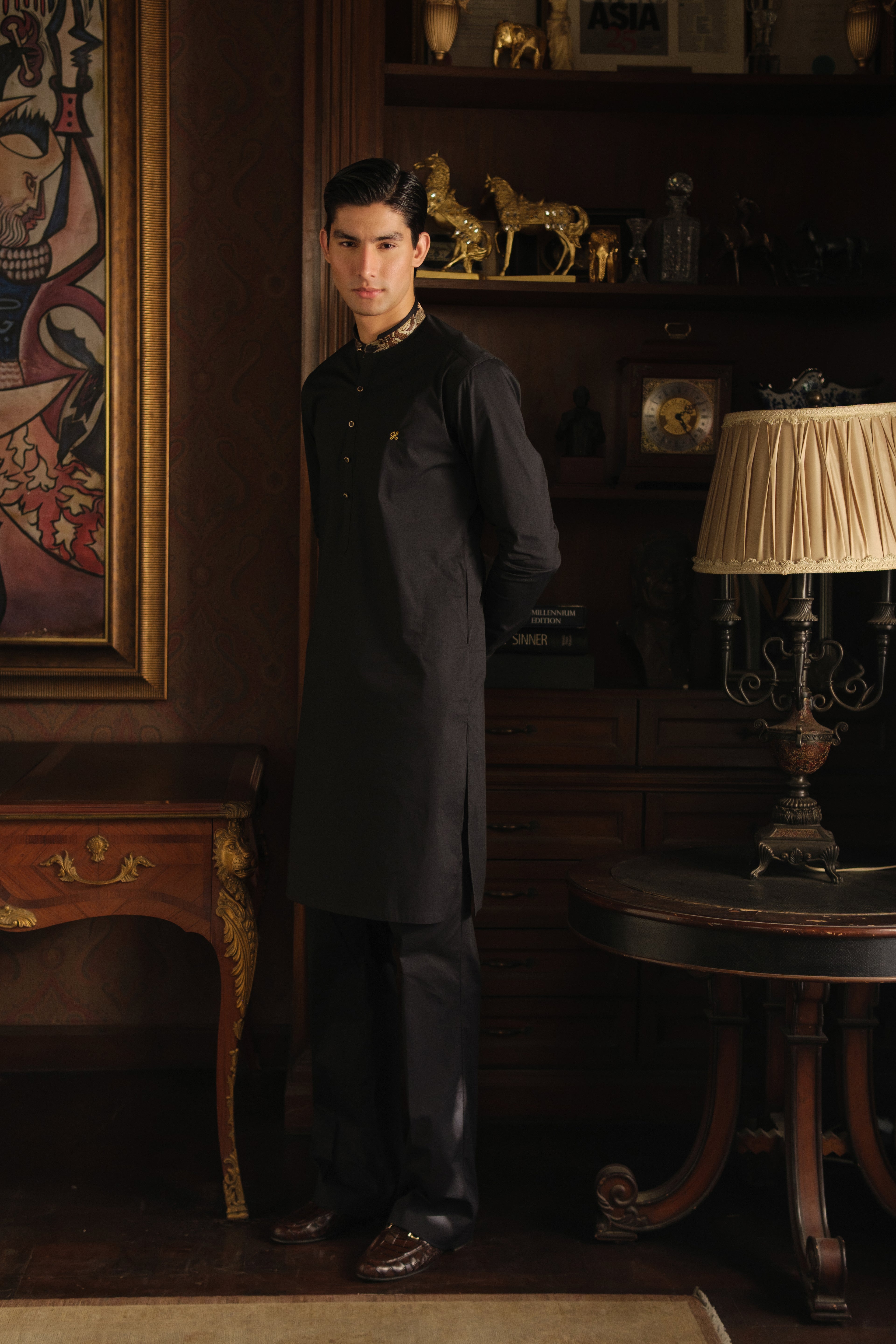 BLACK STRETCHABLE COTTON KURTA PAJAMA