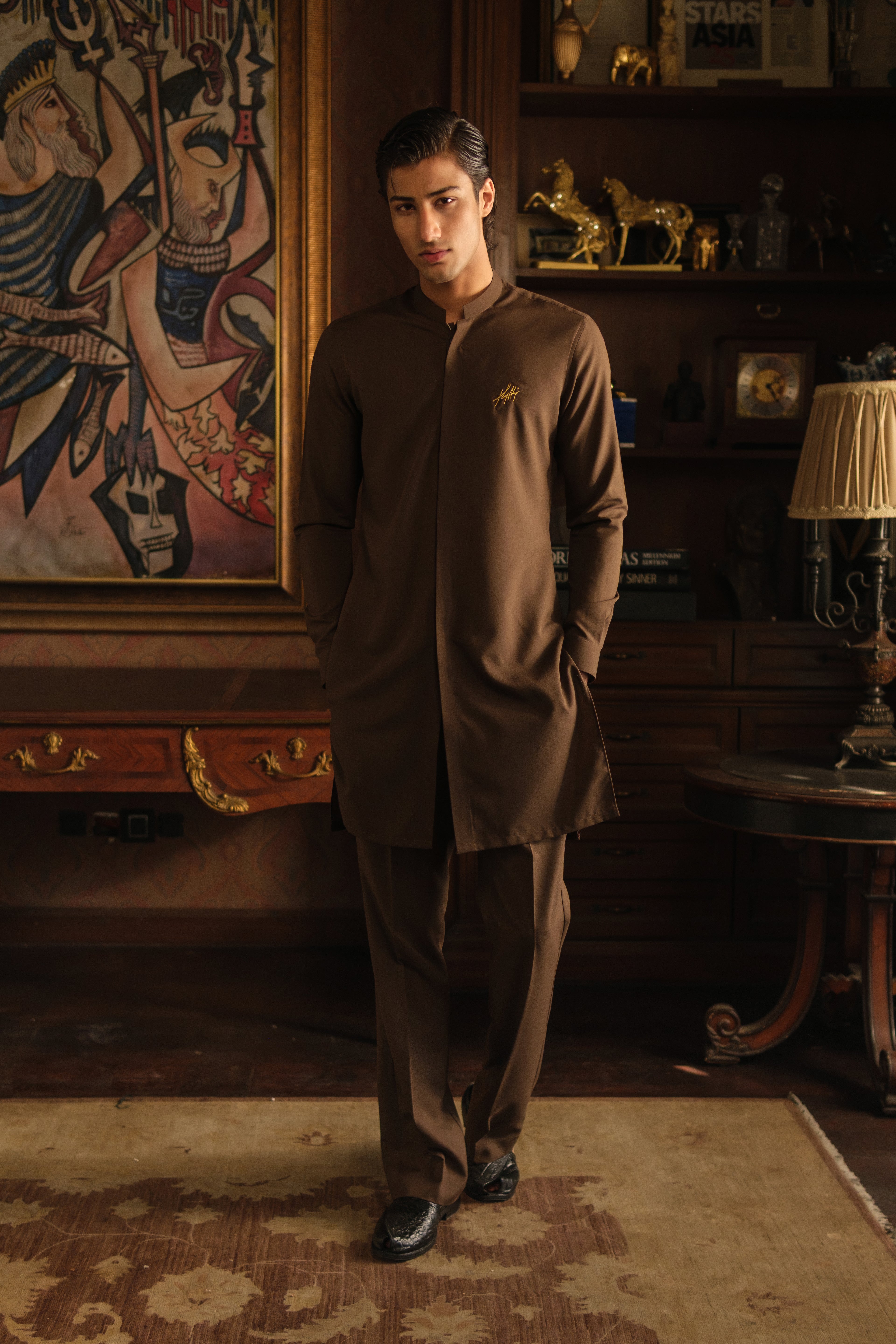 LIGHT BROWN SELF CHAMBRAY WASH N WEAR KURTA PAJAMA