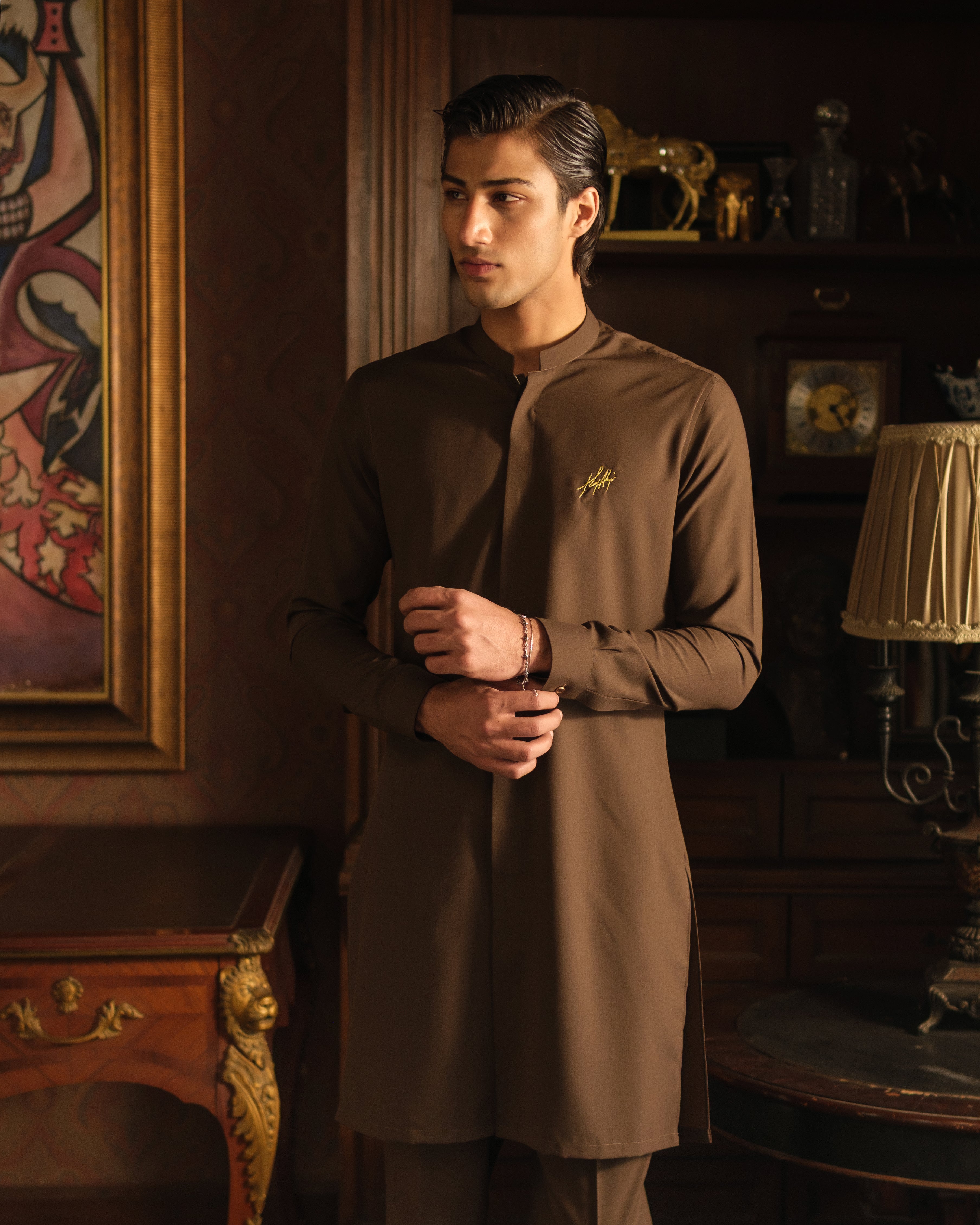 LIGHT BROWN SELF CHAMBRAY WASH N WEAR KURTA PAJAMA