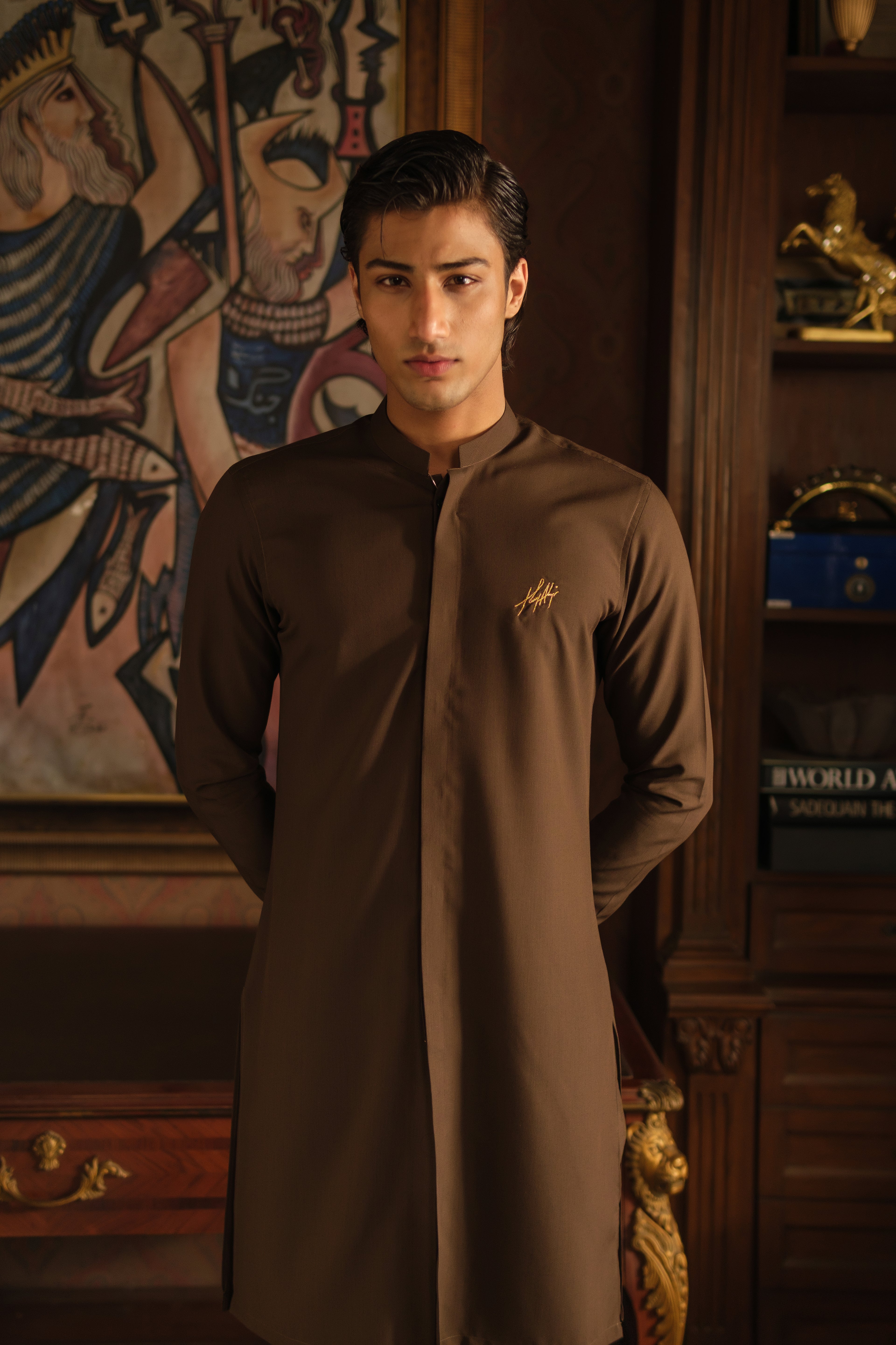 LIGHT BROWN SELF CHAMBRAY WASH N WEAR KURTA PAJAMA