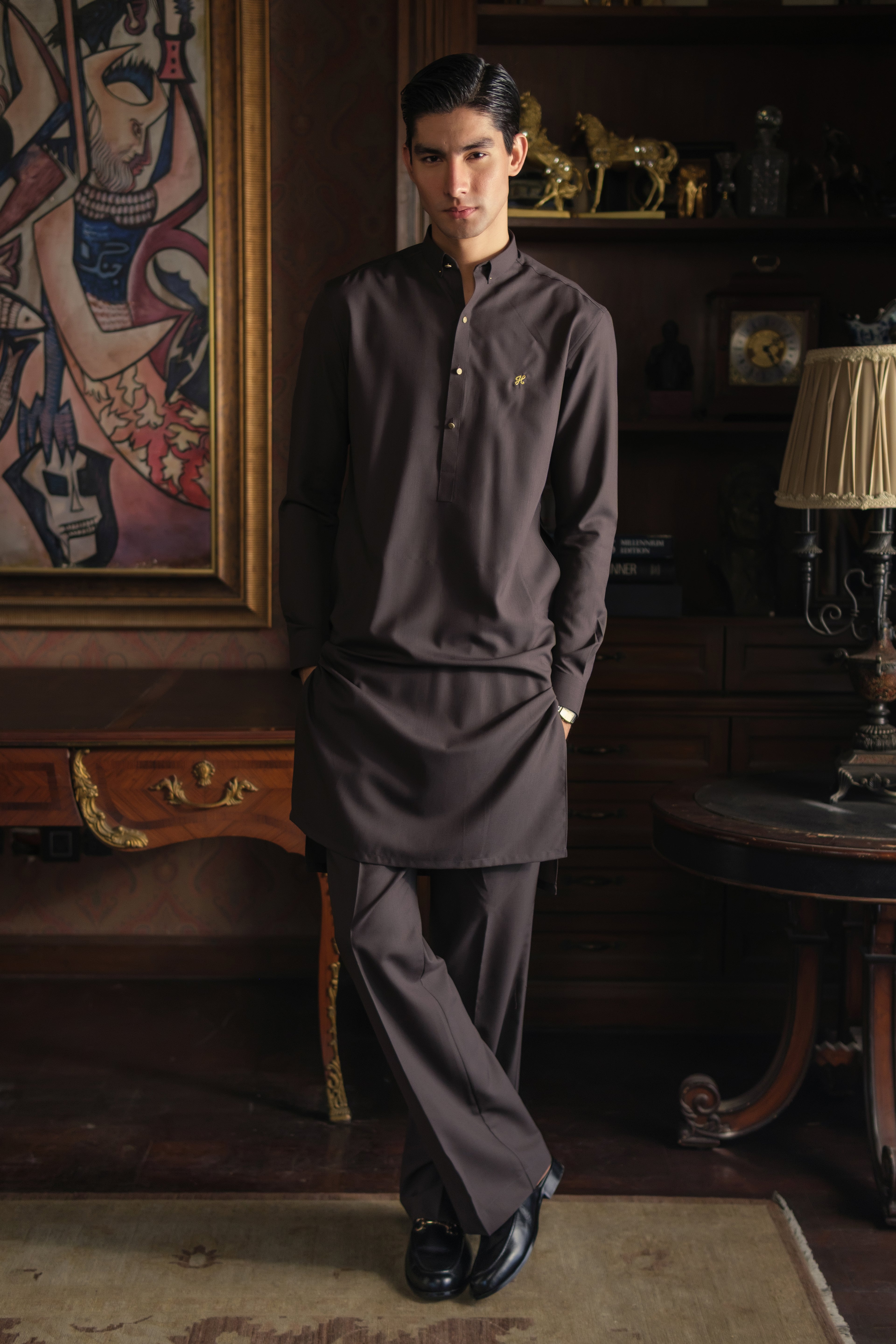 DARK BROWN CHAMBRAY WASH N WEAR KURTA PAJAMA