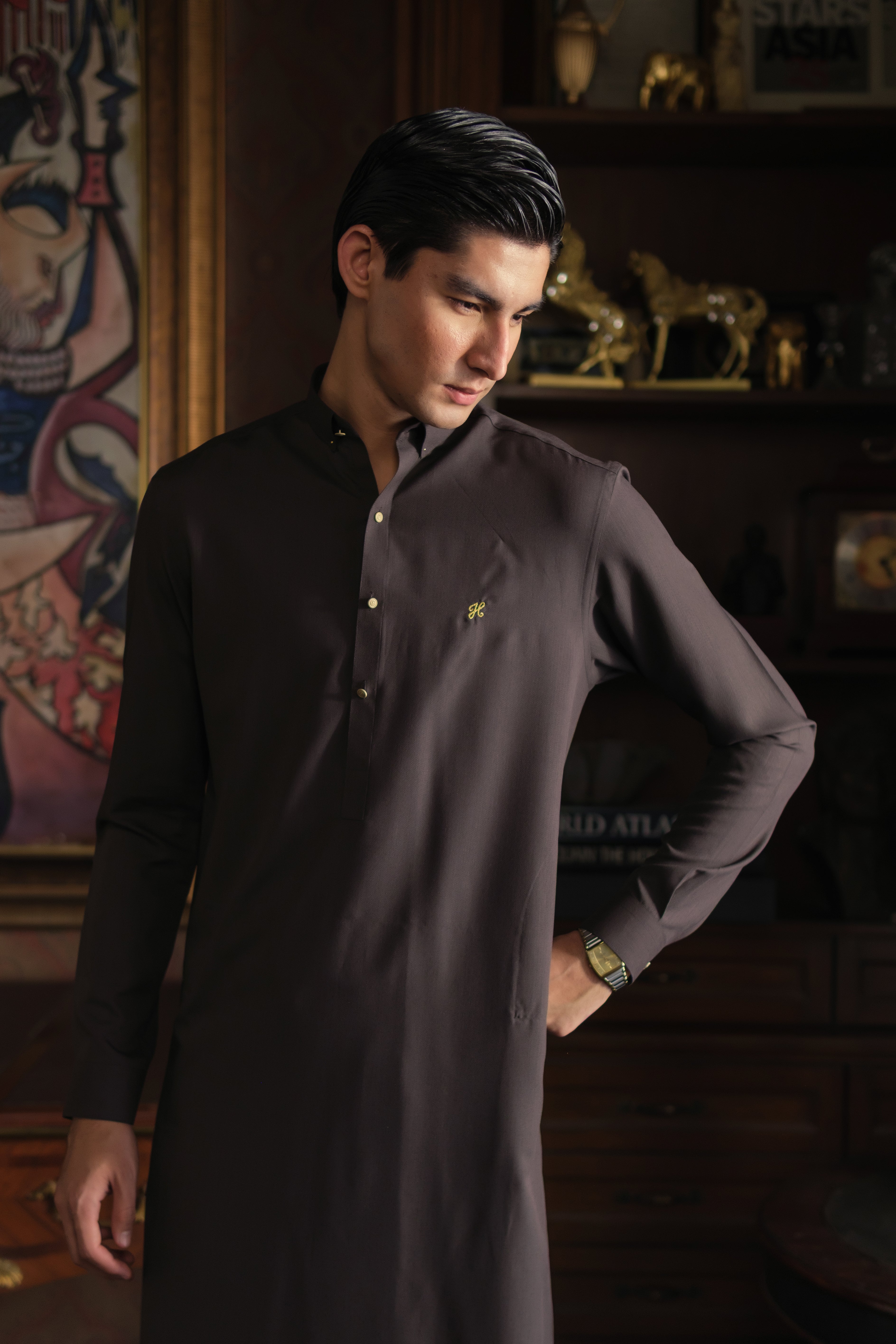 DARK BROWN CHAMBRAY WASH N WEAR KURTA PAJAMA