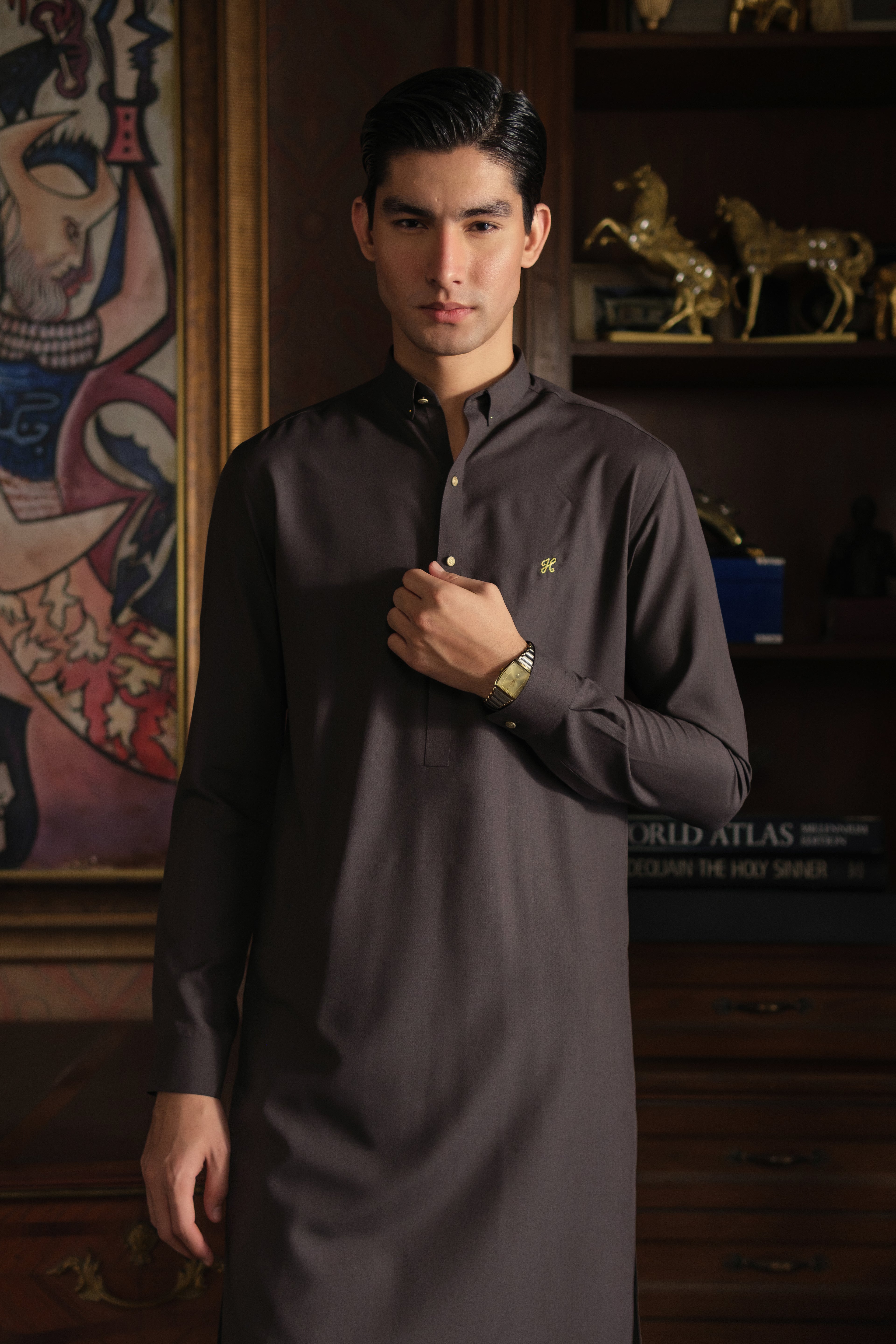 DARK BROWN CHAMBRAY WASH N WEAR KURTA PAJAMA