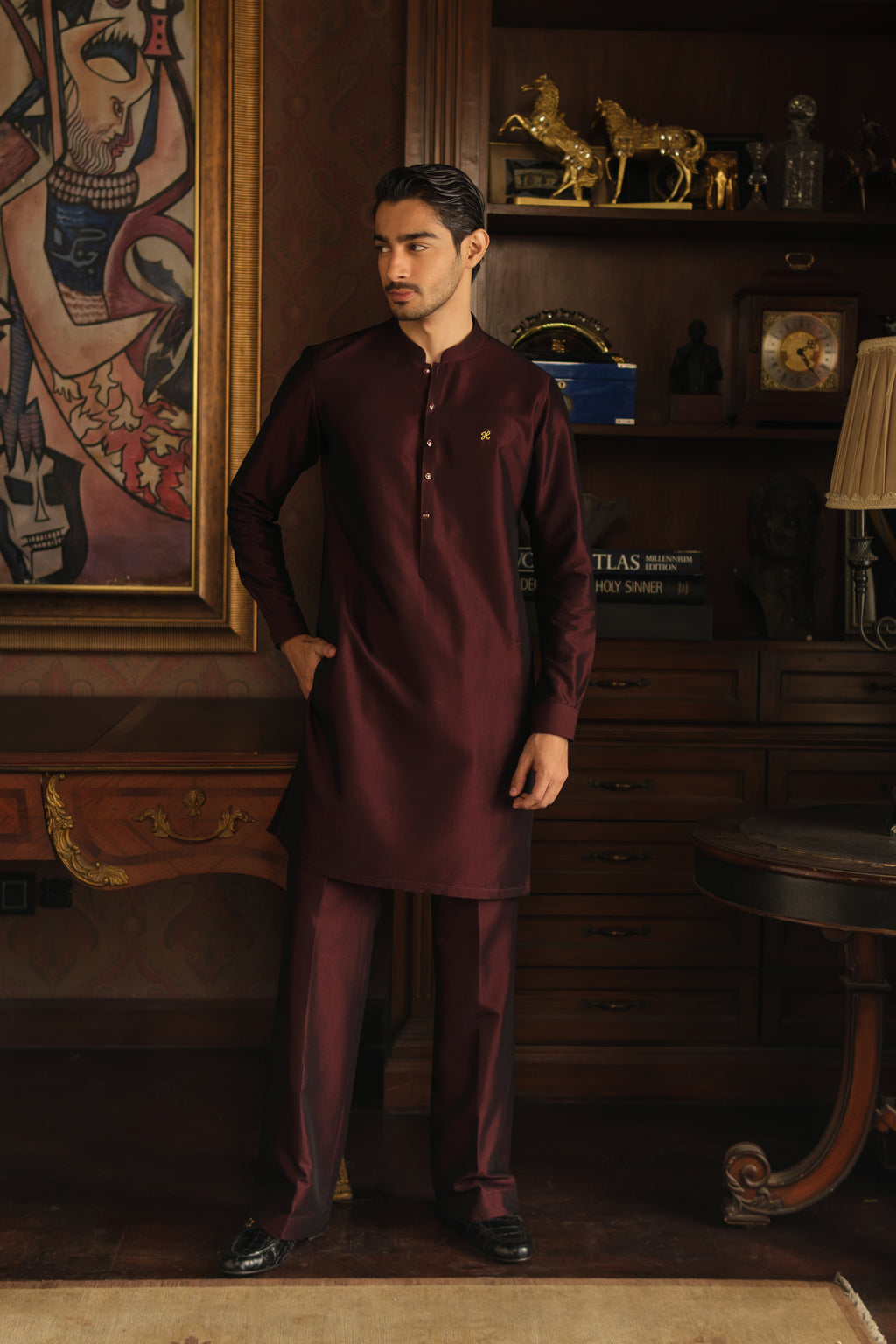 DARK MAROON TWO TONE WASH N WEAR KURTA PAJAMA