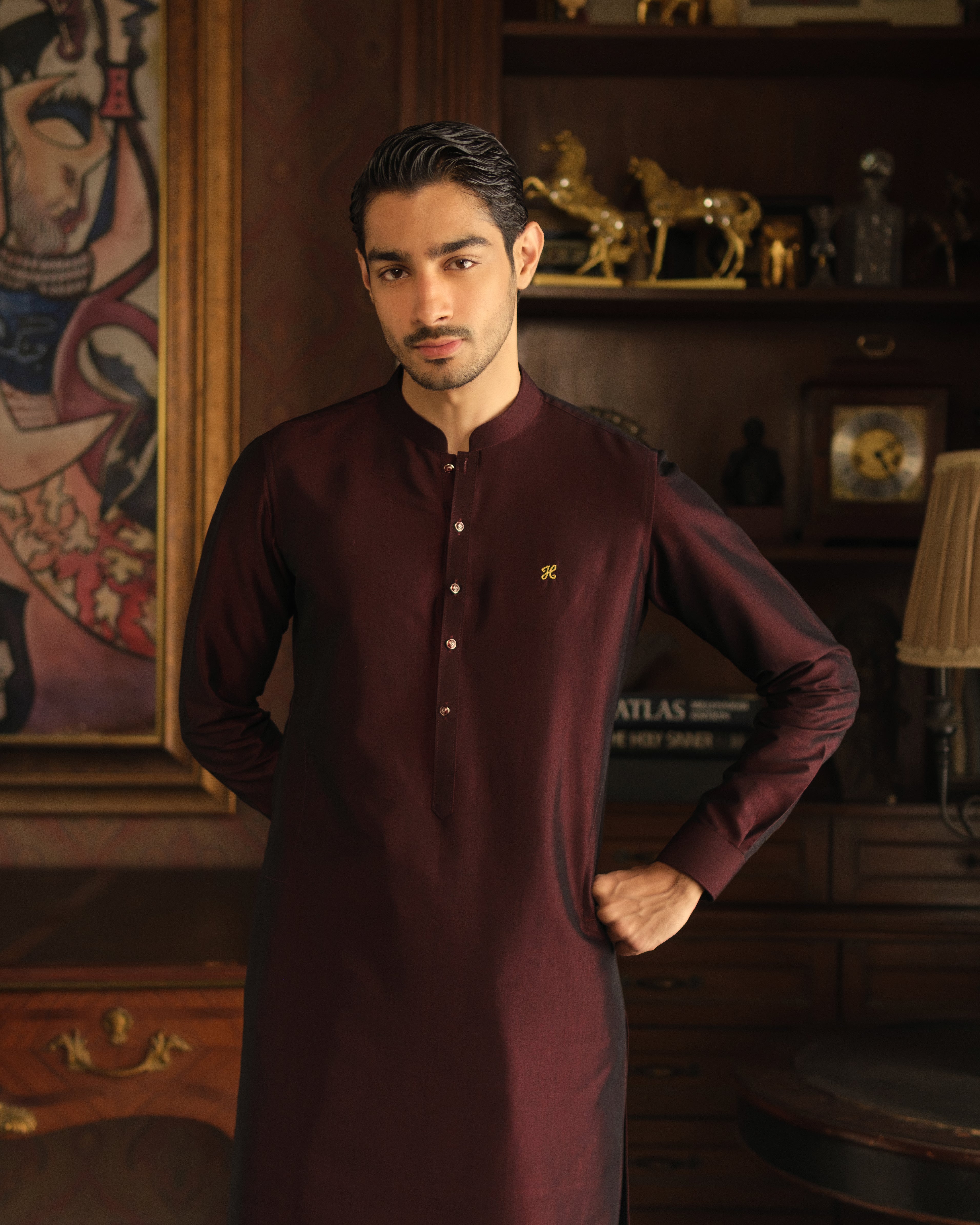 DARK MAROON TWO TONE WASH N WEAR KURTA PAJAMA