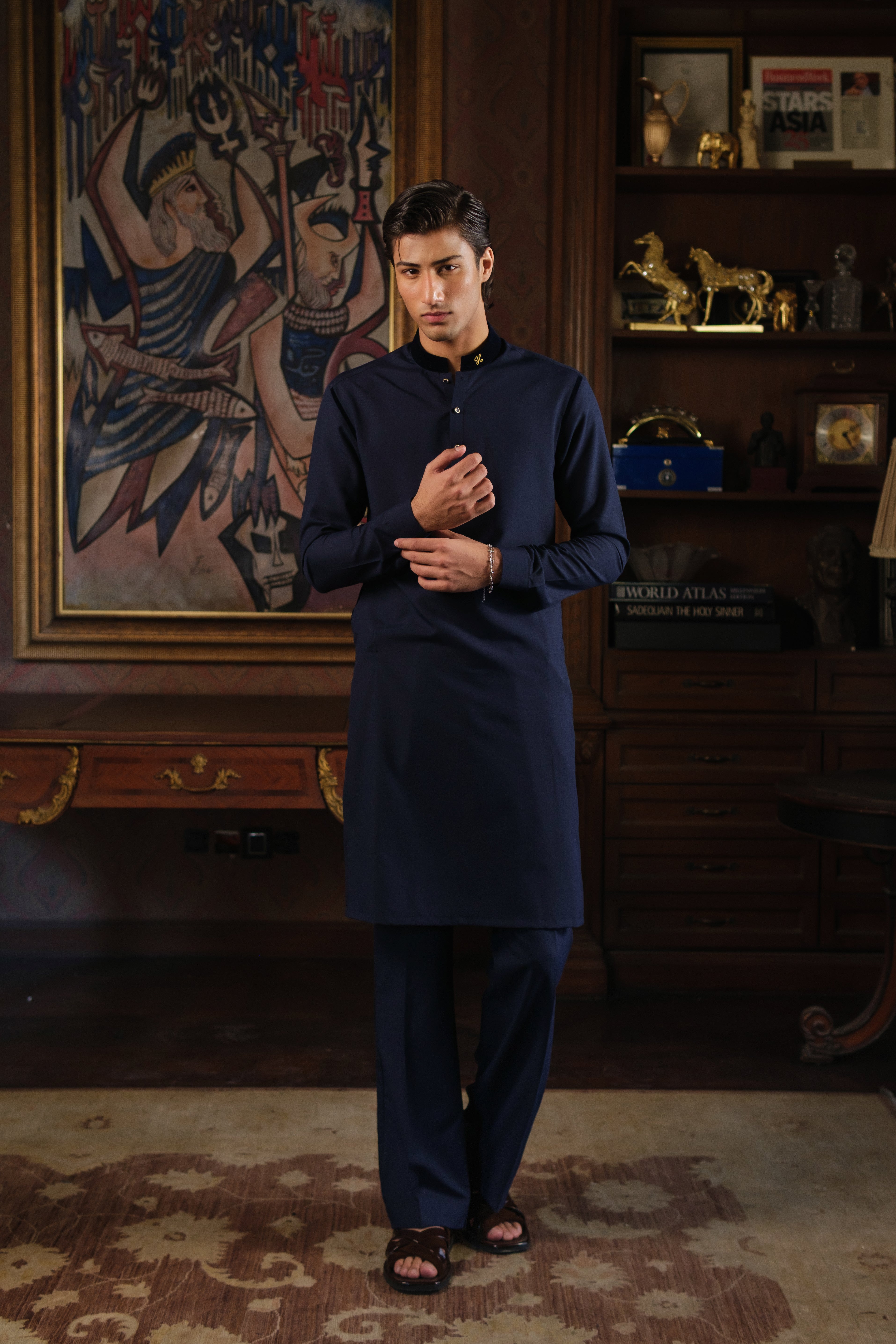 NAVY BLUE CHAMBRAY WASH N WEAR KURTA PAJAMA