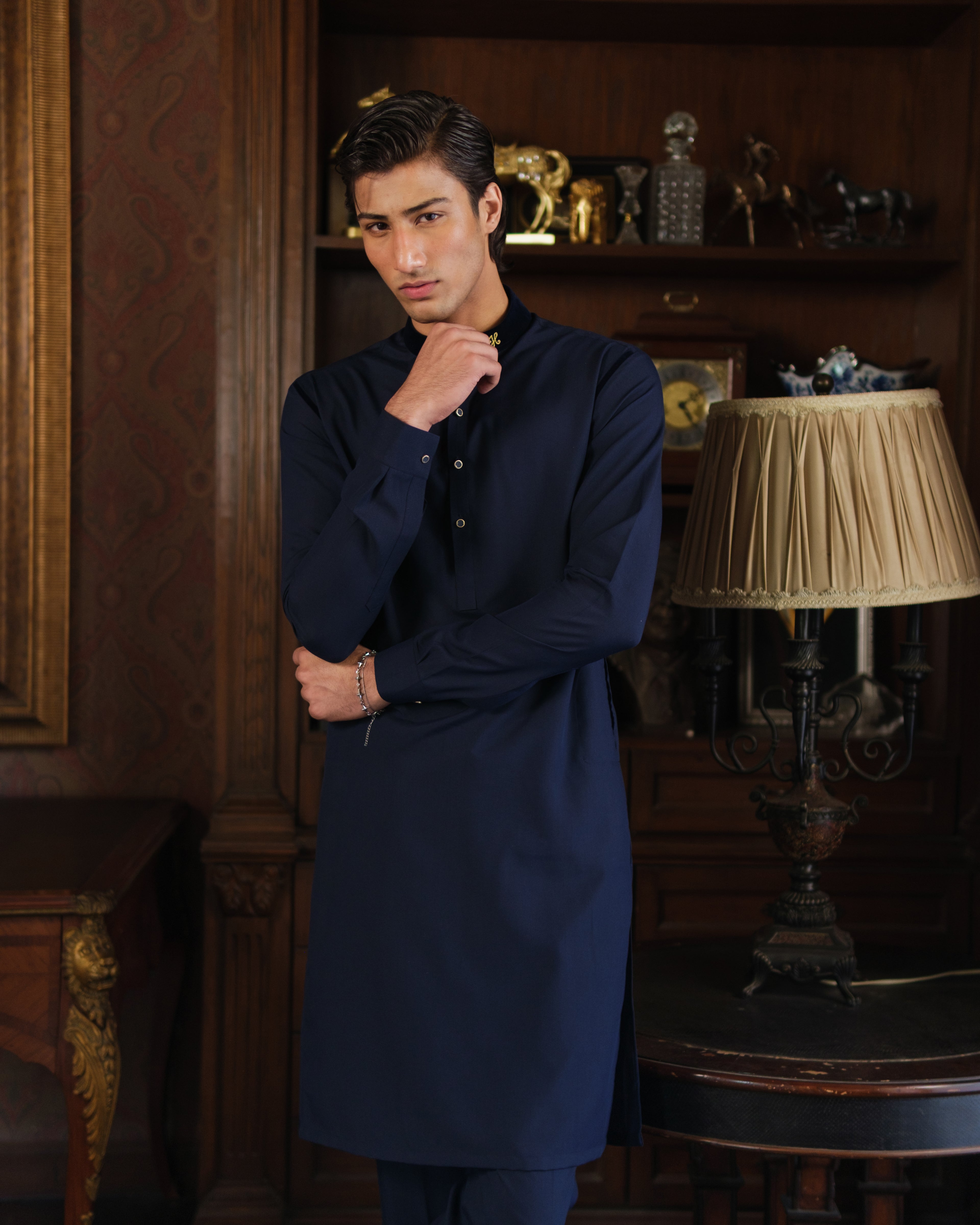 NAVY BLUE CHAMBRAY WASH N WEAR KURTA PAJAMA
