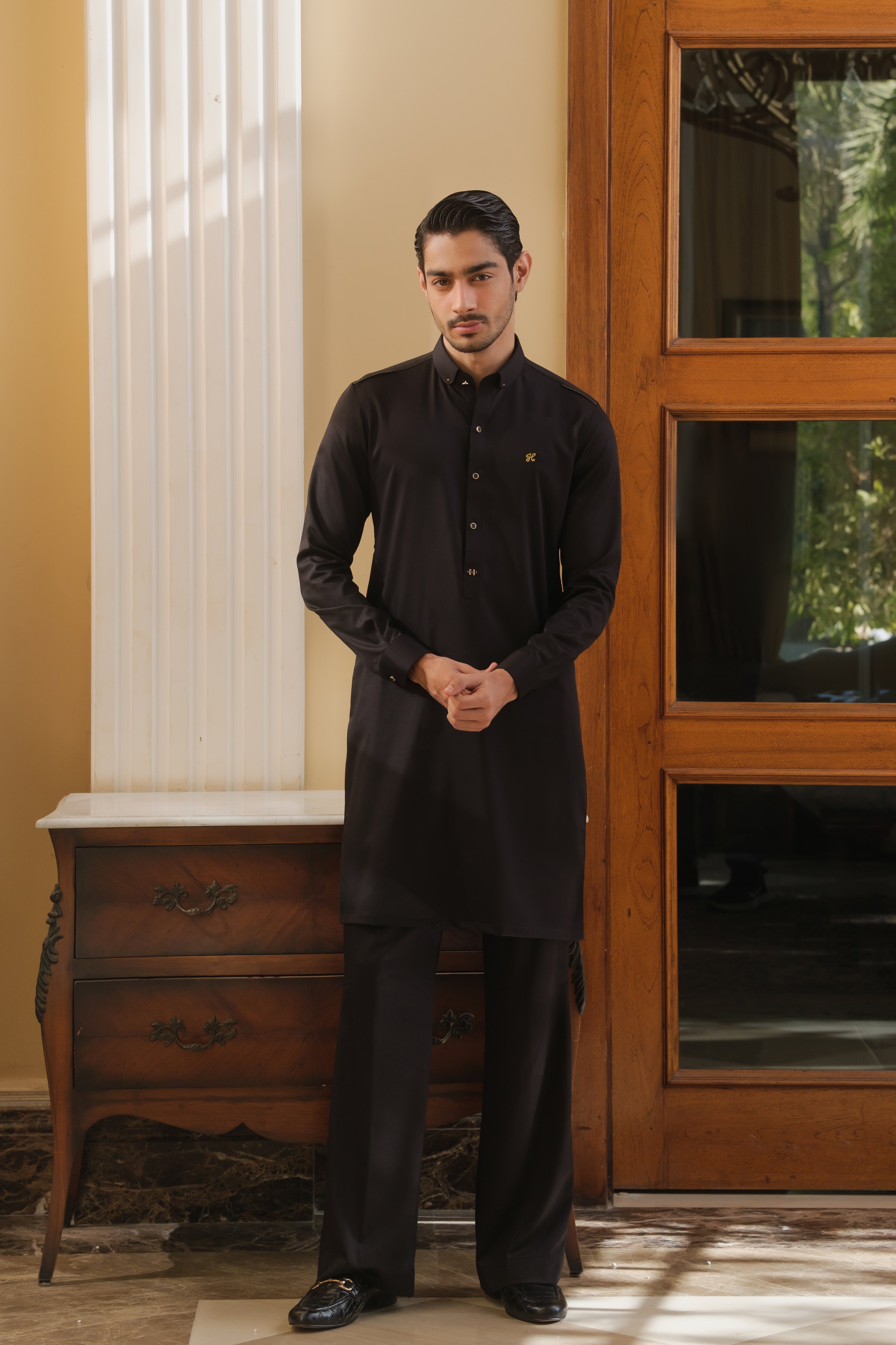 BLACK COTTON SATIN KURTA PAJAMA