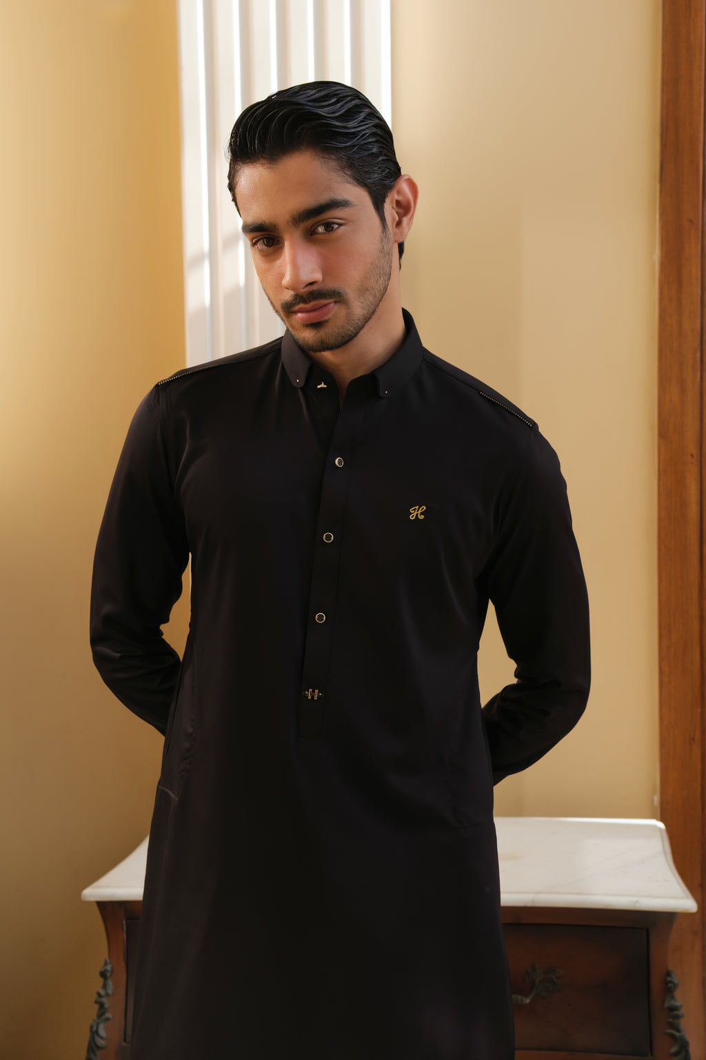 BLACK COTTON SATIN KURTA PAJAMA