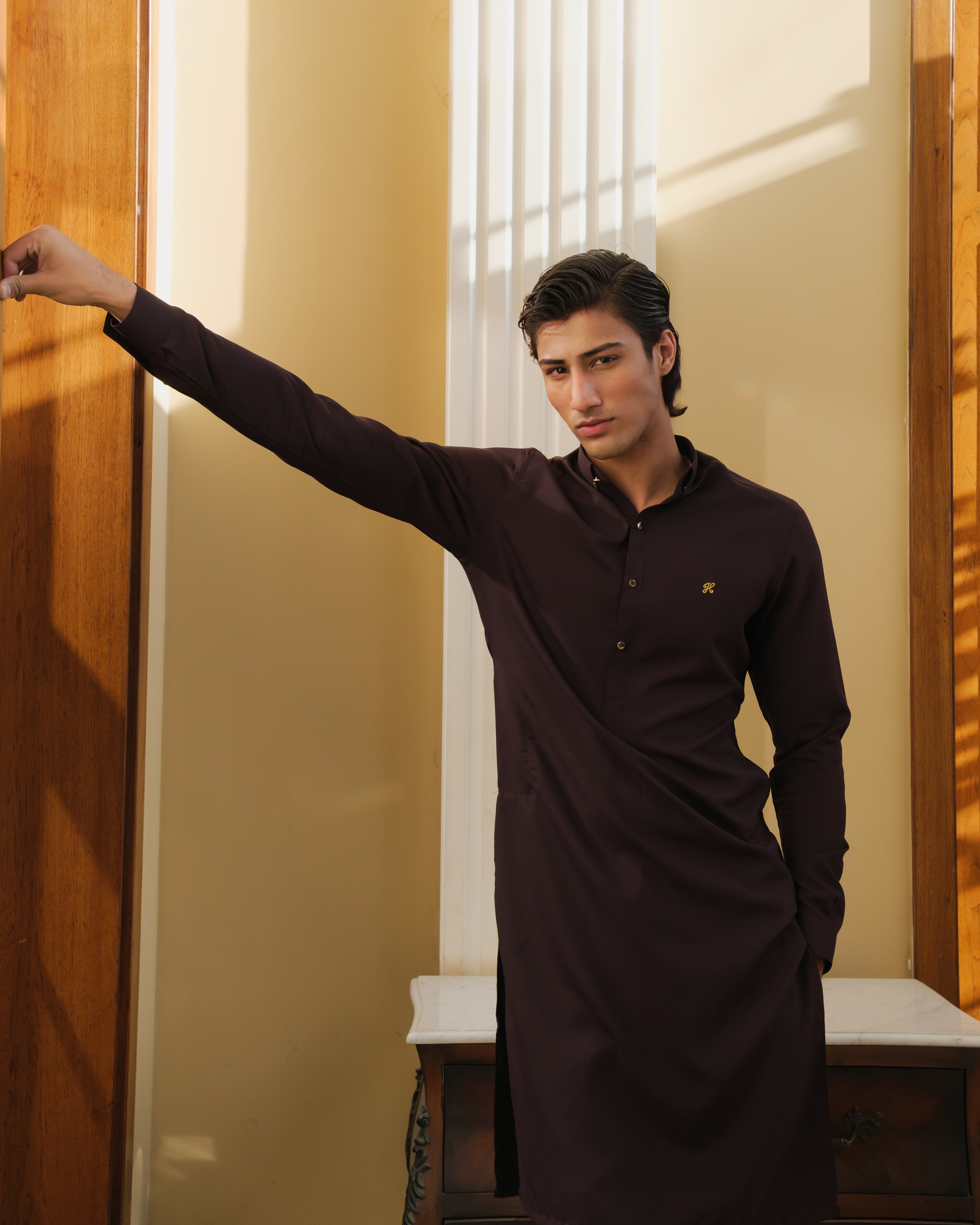 DARK BRWON CHAMBRAY WASH N WEAR KURTA PAJAMA