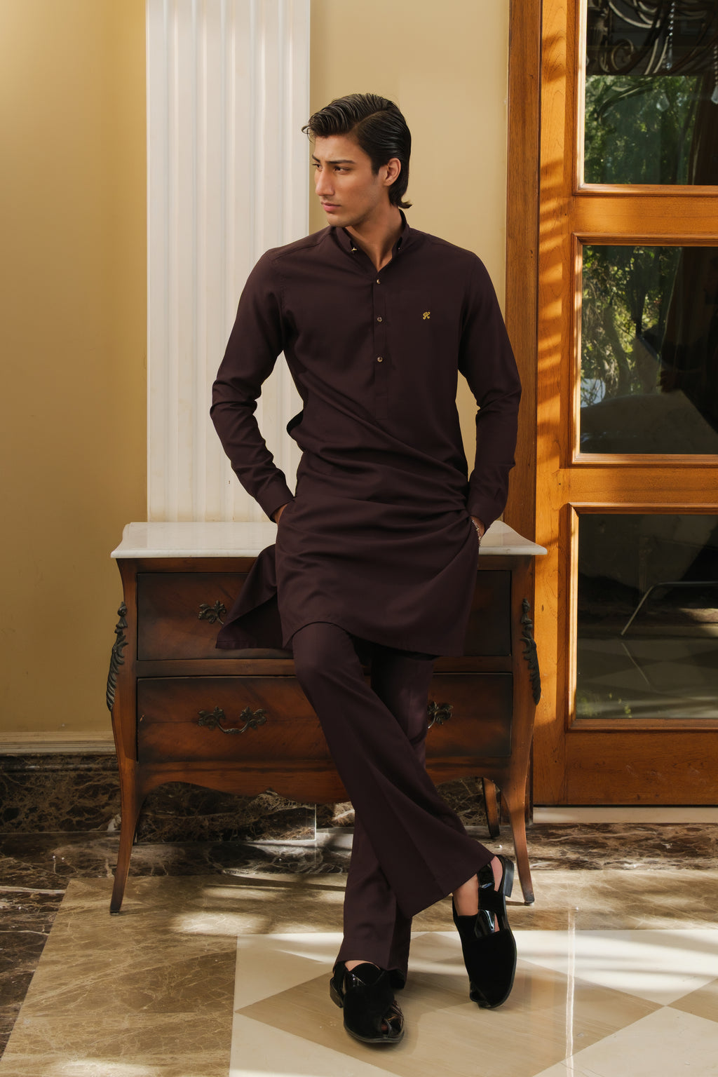 DARK BROWN CHAMBRAY WASH N WEAR KURTA PAJAMA
