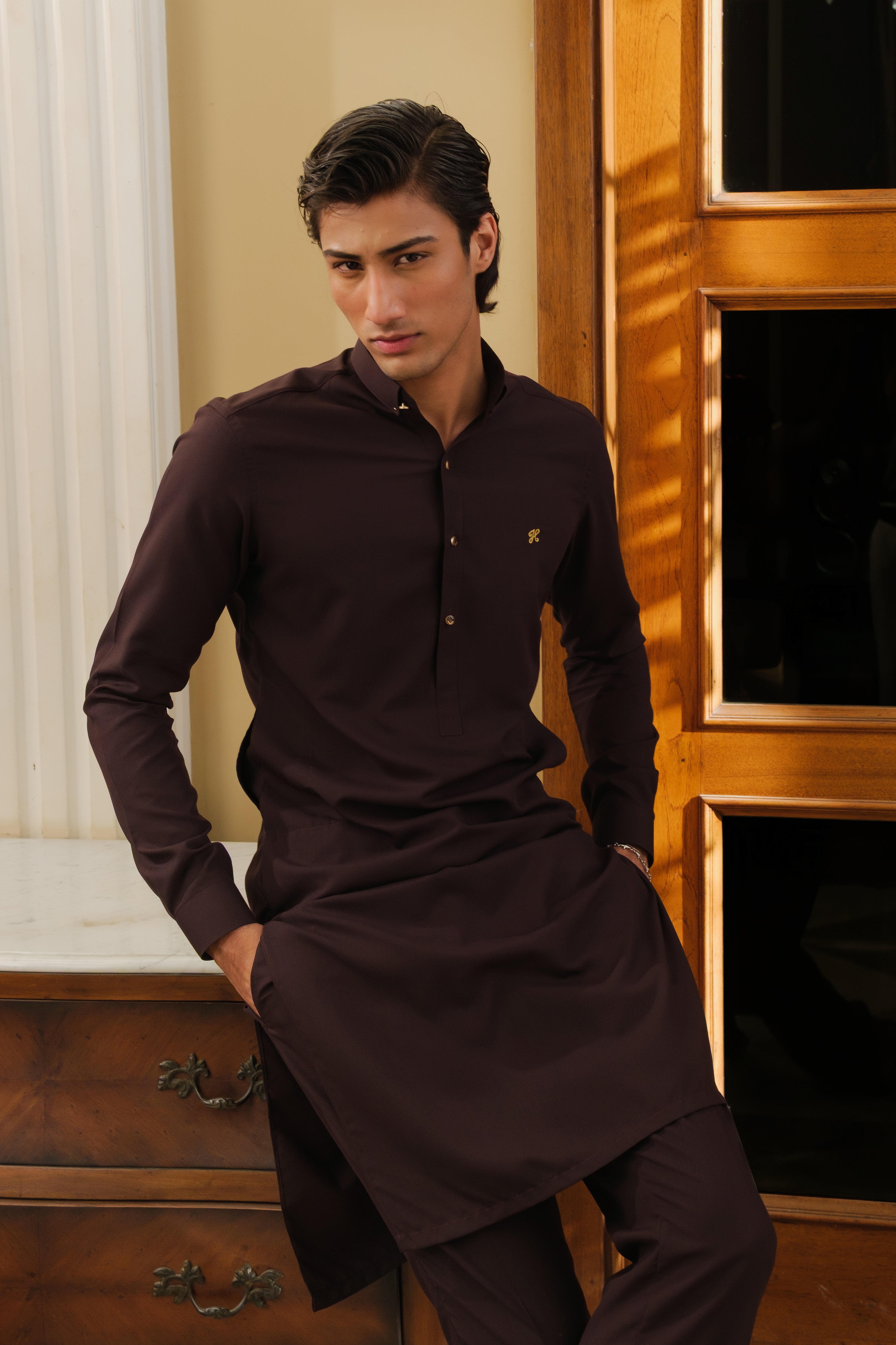 DARK BRWON CHAMBRAY WASH N WEAR KURTA PAJAMA