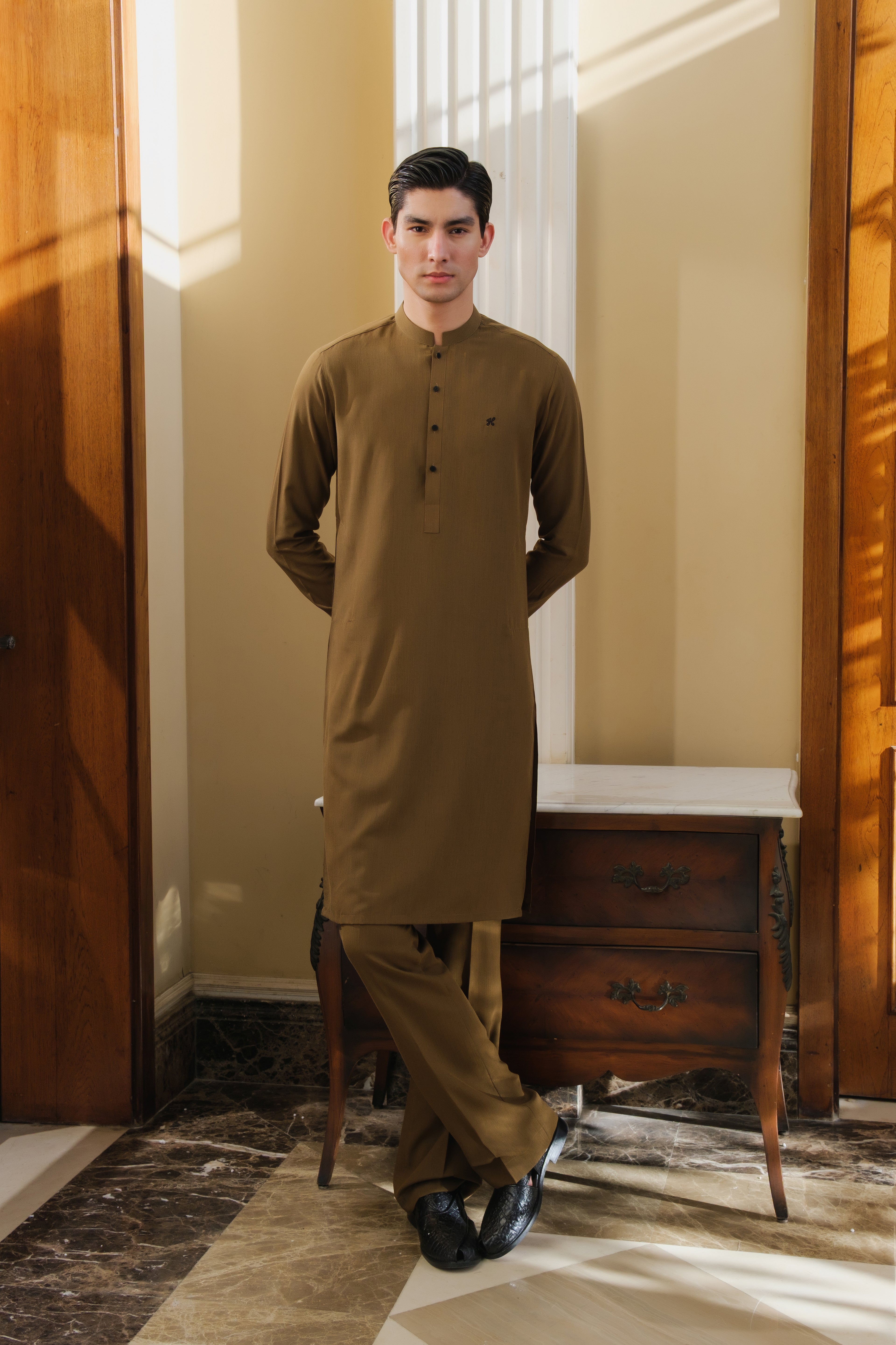 MUSTARD CHAMBRAY WASH N WEAR KURTA PAJAMA