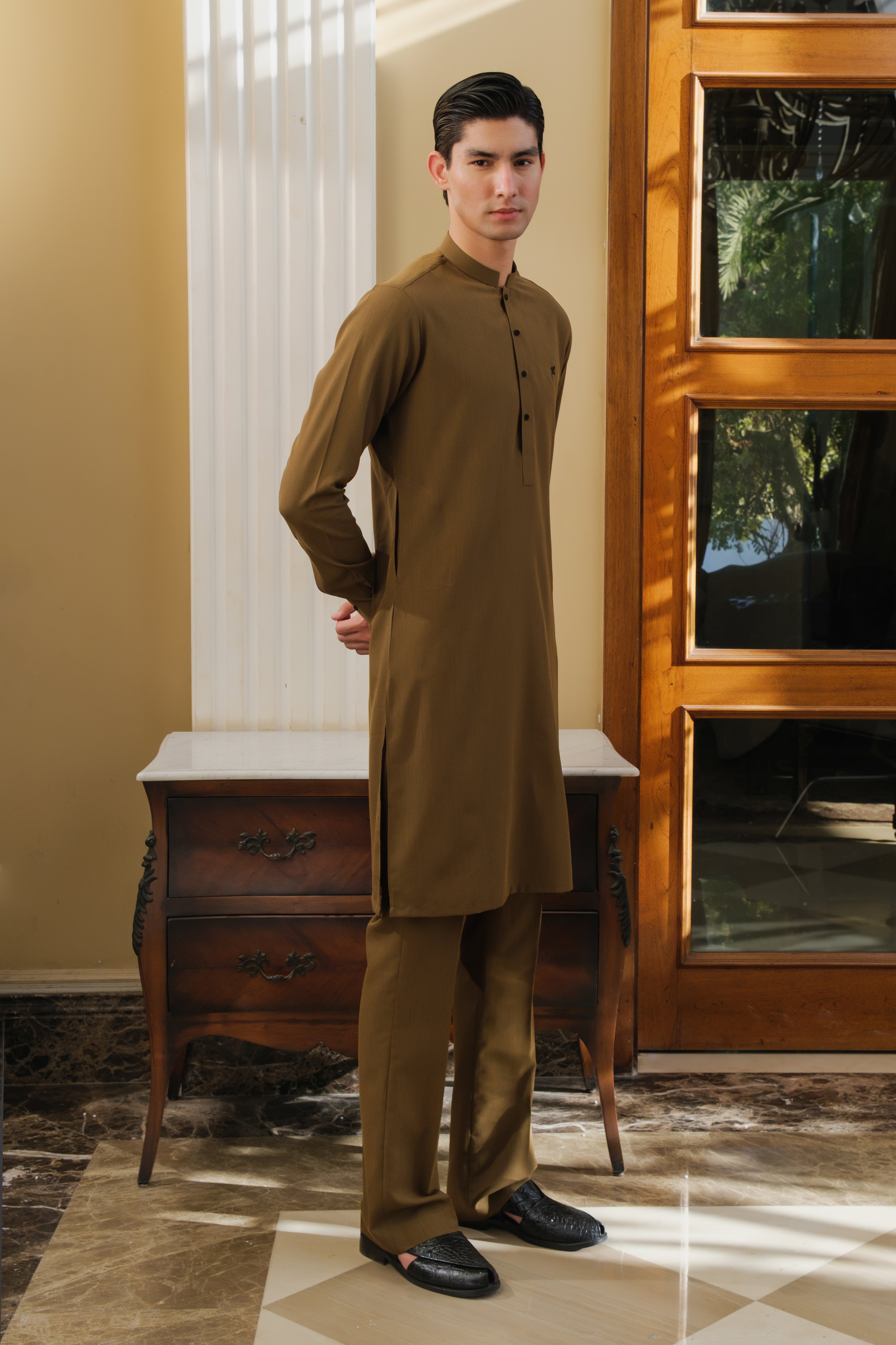 MUSTARD CHAMBRAY WASH N WEAR KURTA PAJAMA