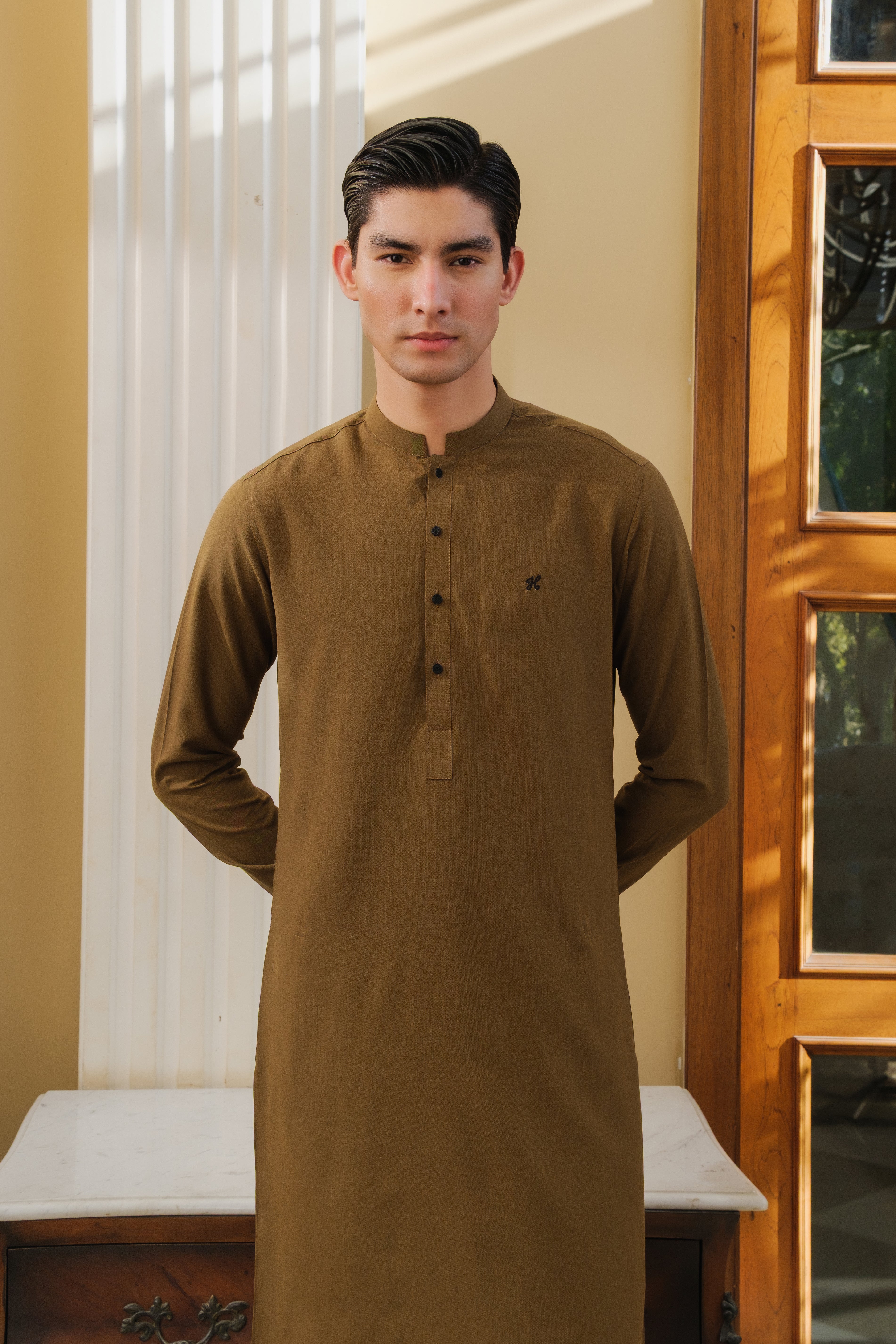 MUSTARD CHAMBRAY WASH N WEAR KURTA PAJAMA