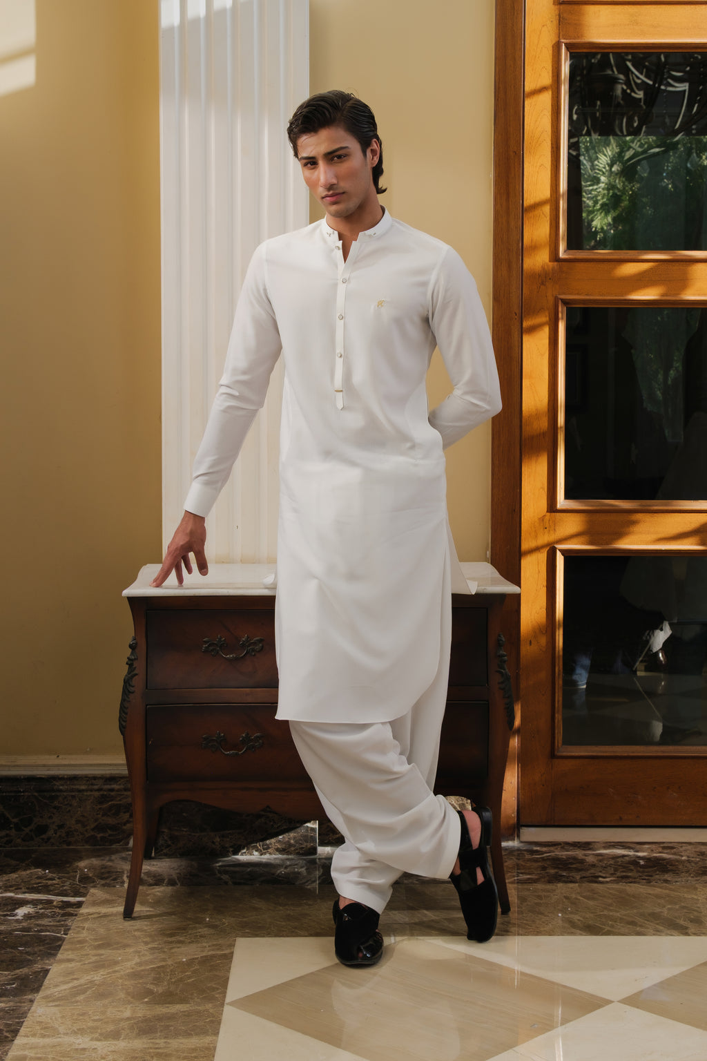 WHITE SELF TEXTURE WASH N WEAR SHALWAR KAMEEZ