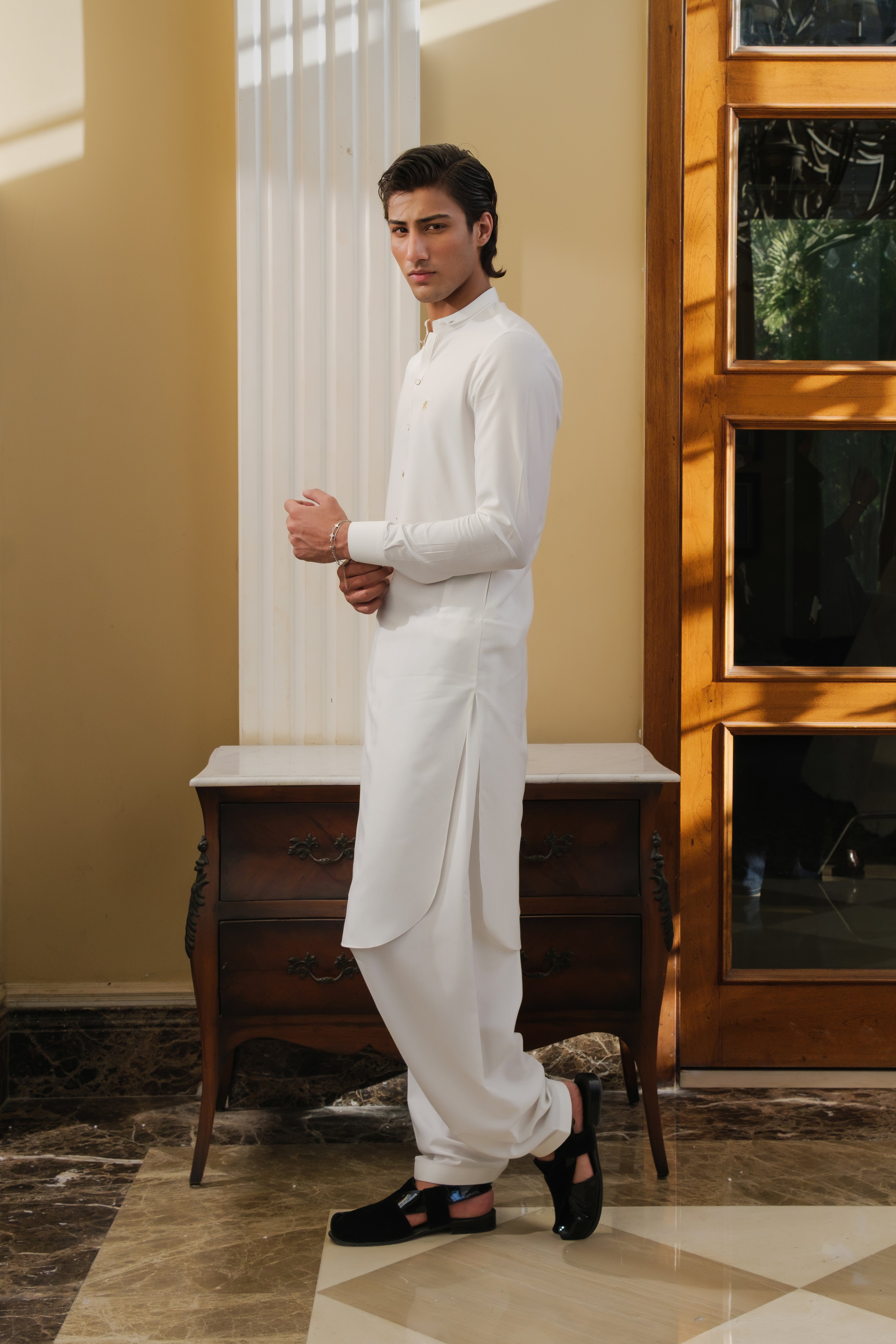 WHITE SELF TEXTURE WASH N WEAR SHALWAR KAMEEZ