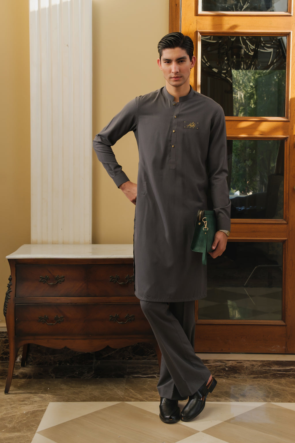 GREY CHAMBRAY WASH N WEAR KURTA PAJAMA