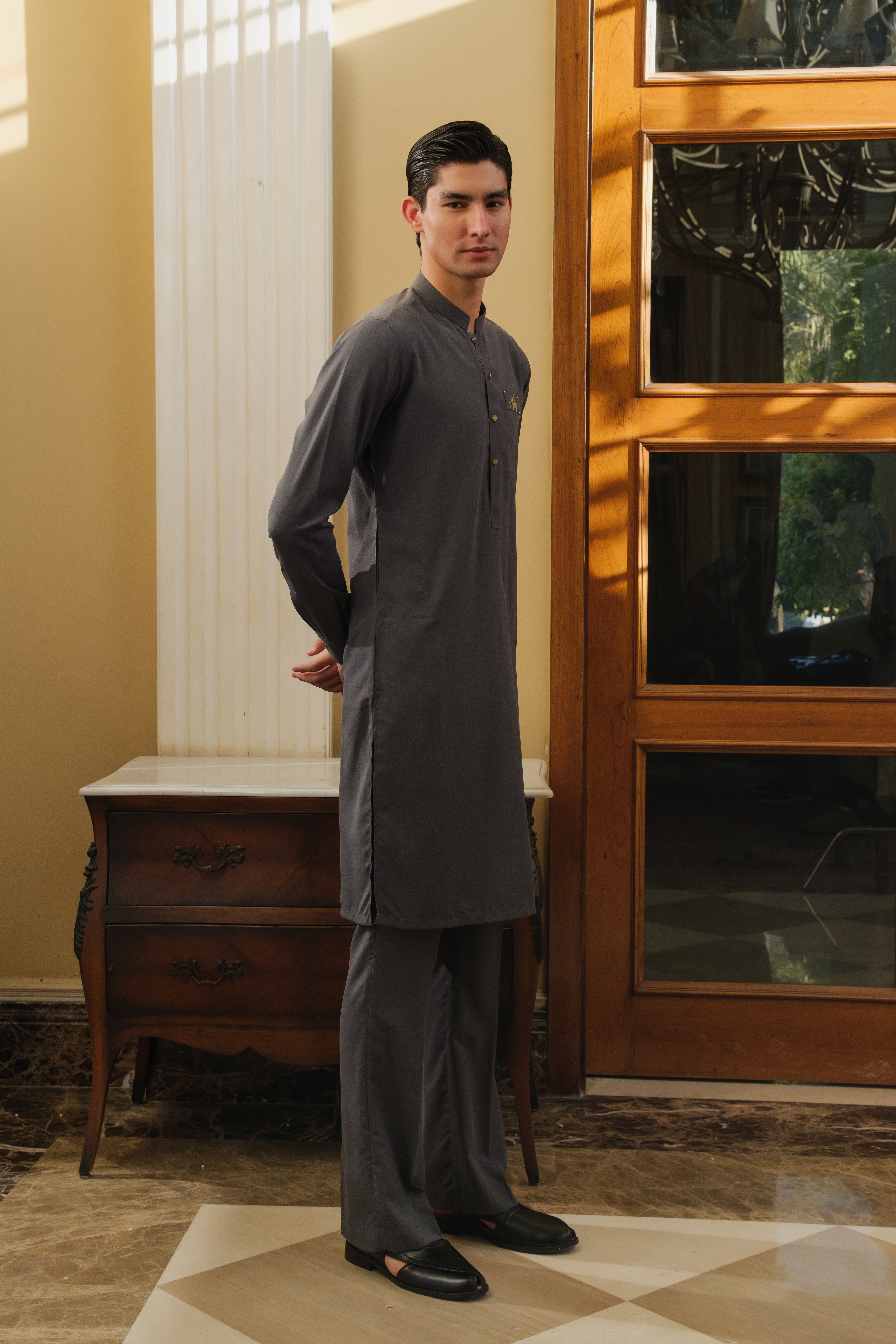 GREY CHAMBRAY WASH N WEAR KURTA PAJAMA