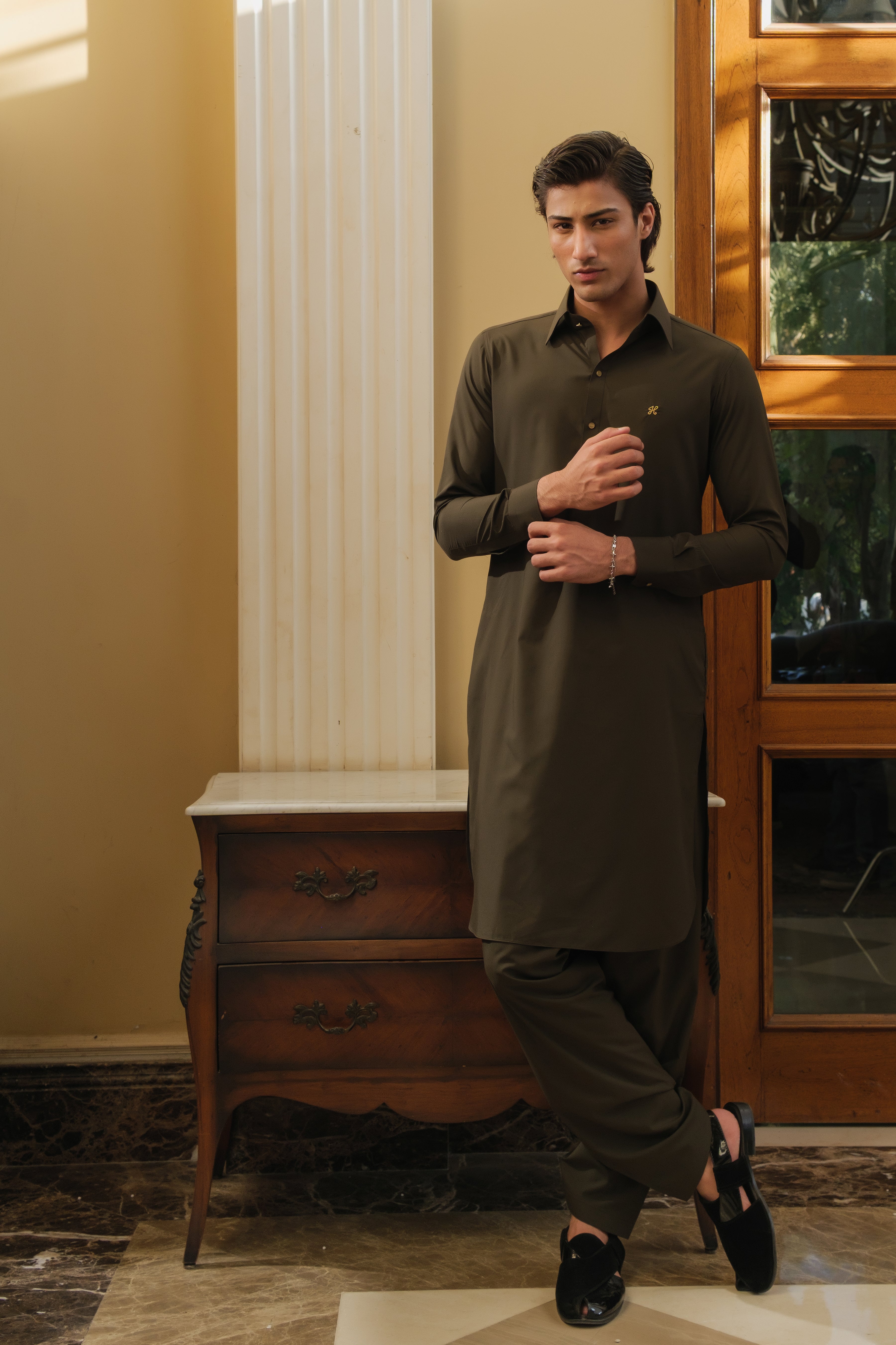 OLIVE GREEN WASH N WEAR SHALWAR KAMEEZ