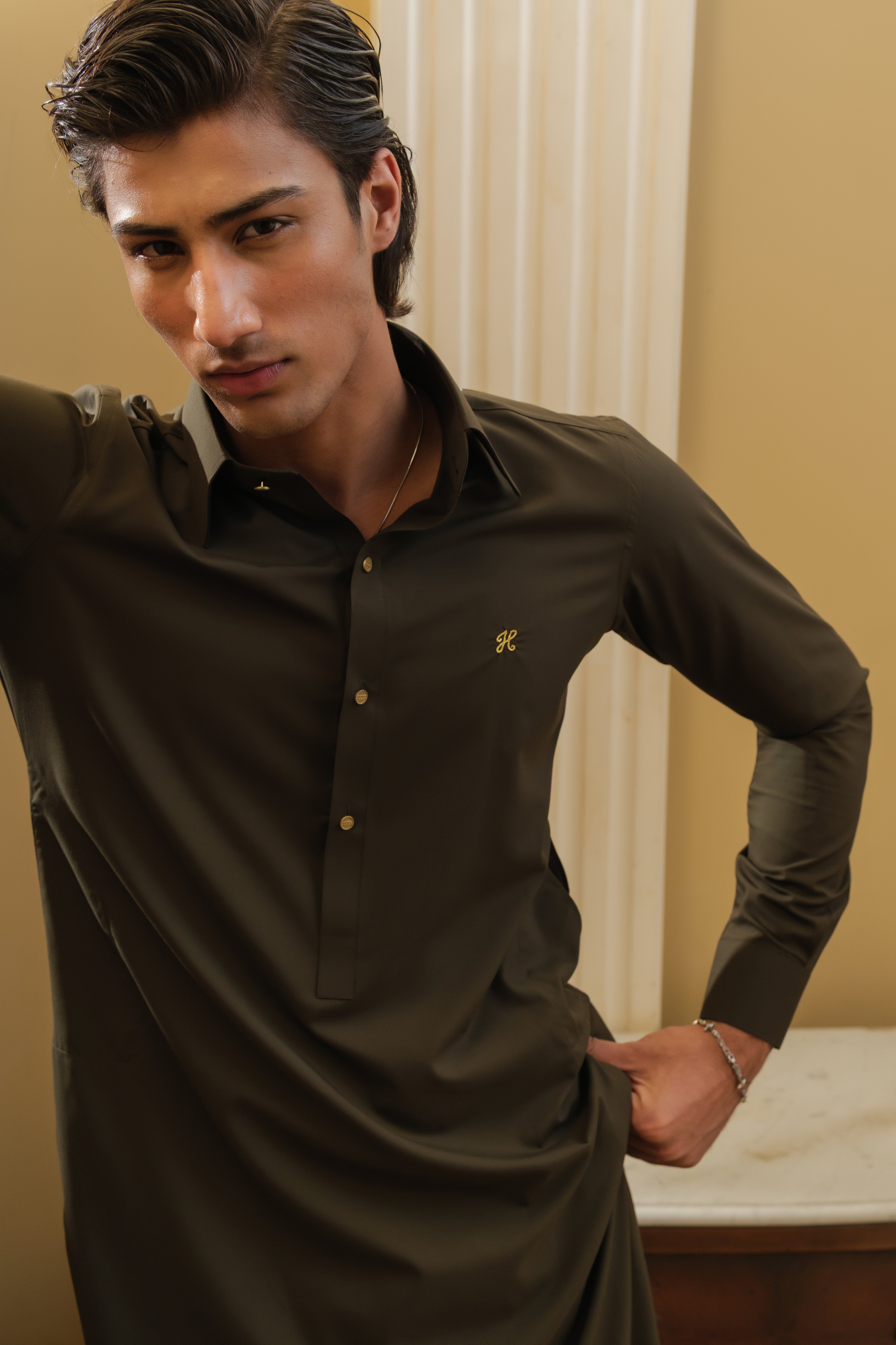 OLIVE GREEN WASH N WEAR SHALWAR KAMEEZ