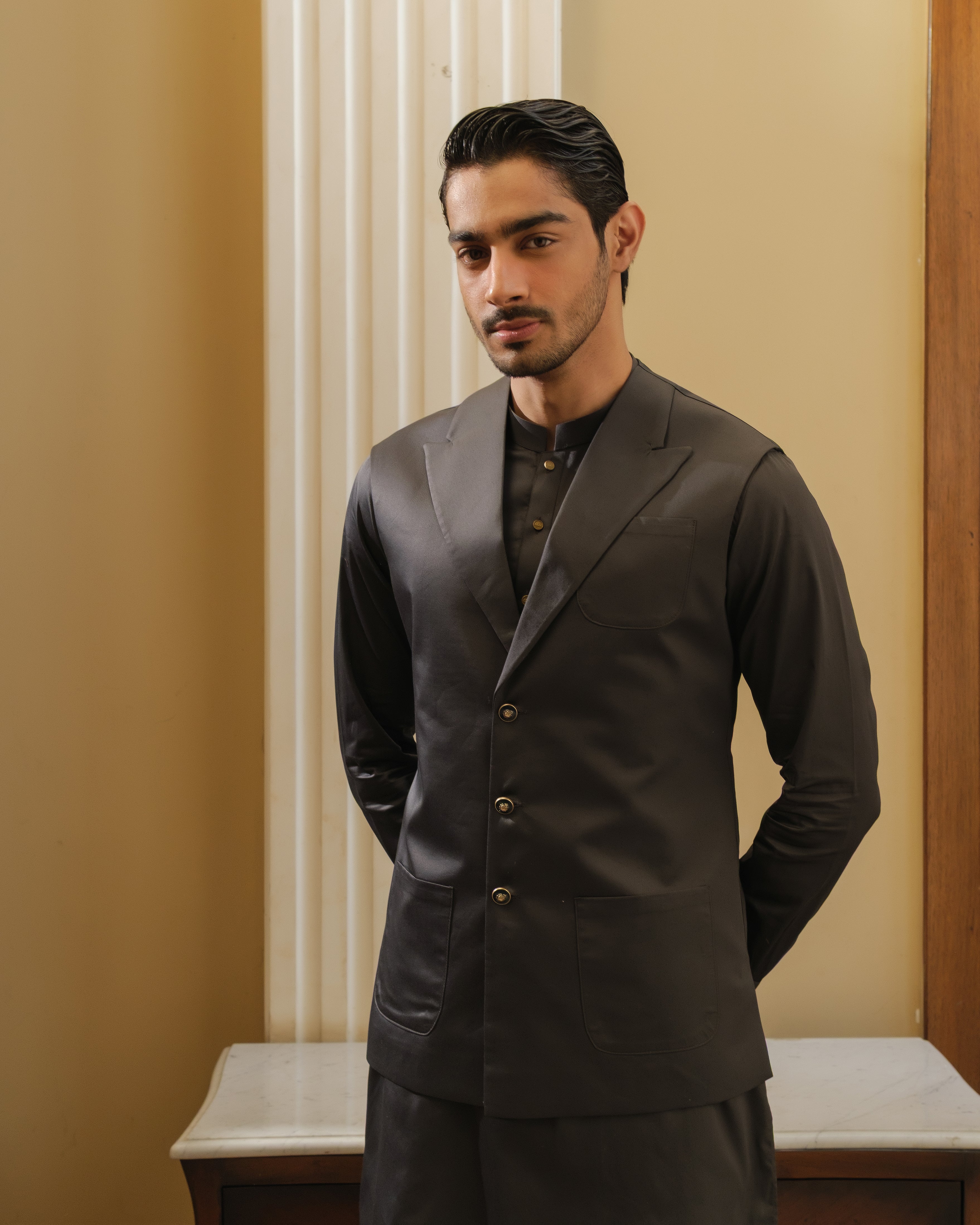 CEMENT GREY COTTON SATIN KURTA PAJAMA