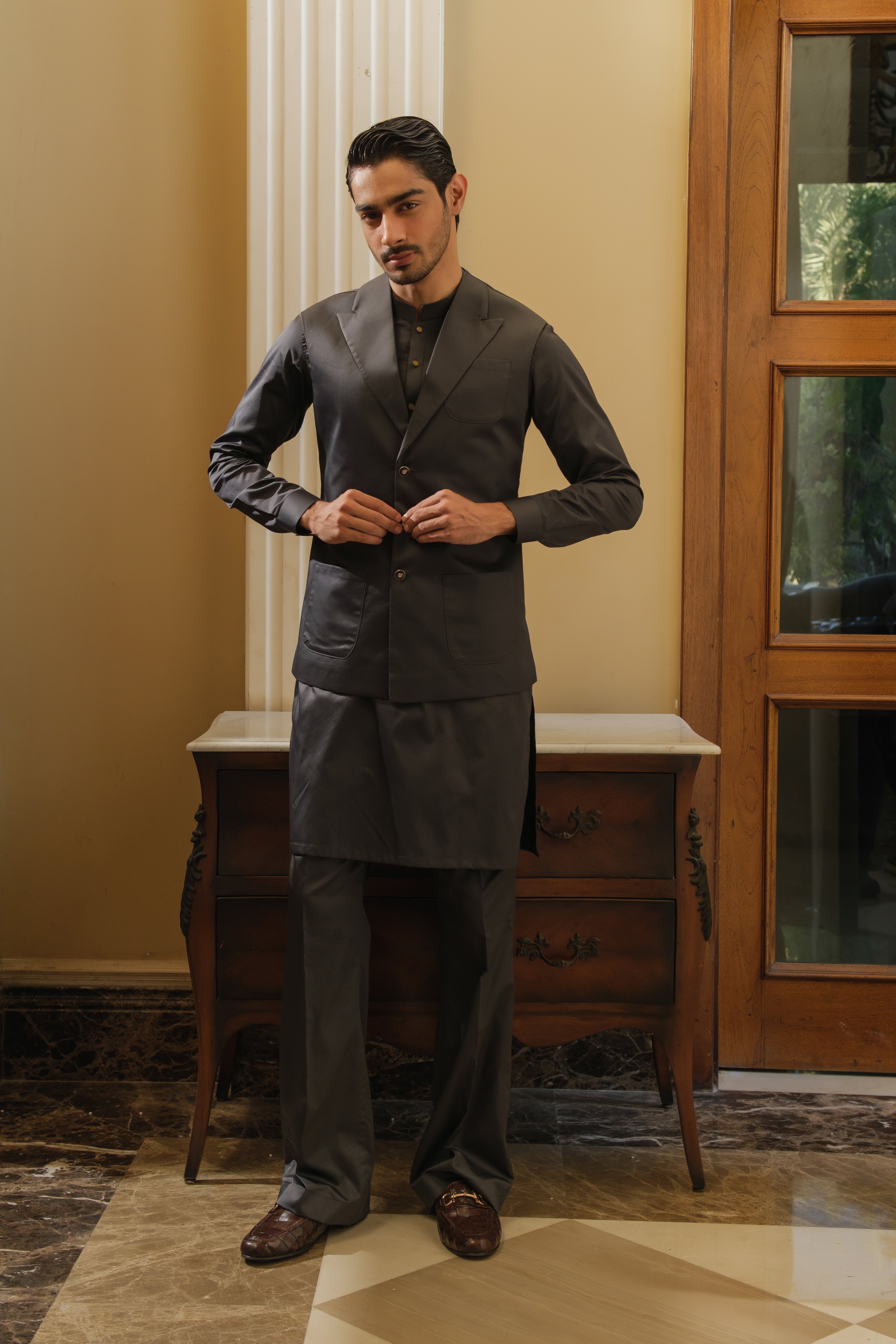 CEMENT GREY COTTON SATIN KURTA PAJAMA