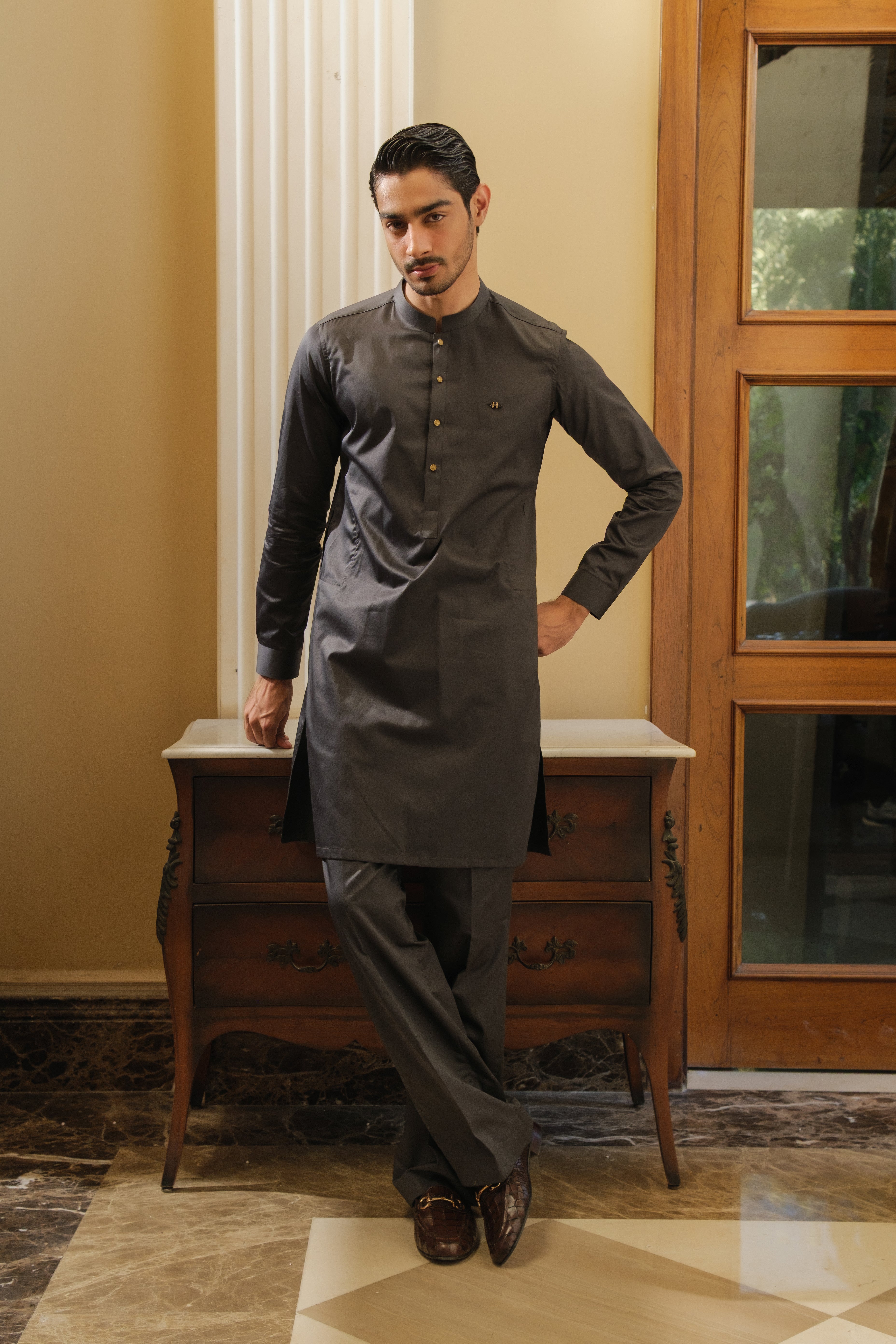 CEMENT GREY COTTON SATIN KURTA PAJAMA