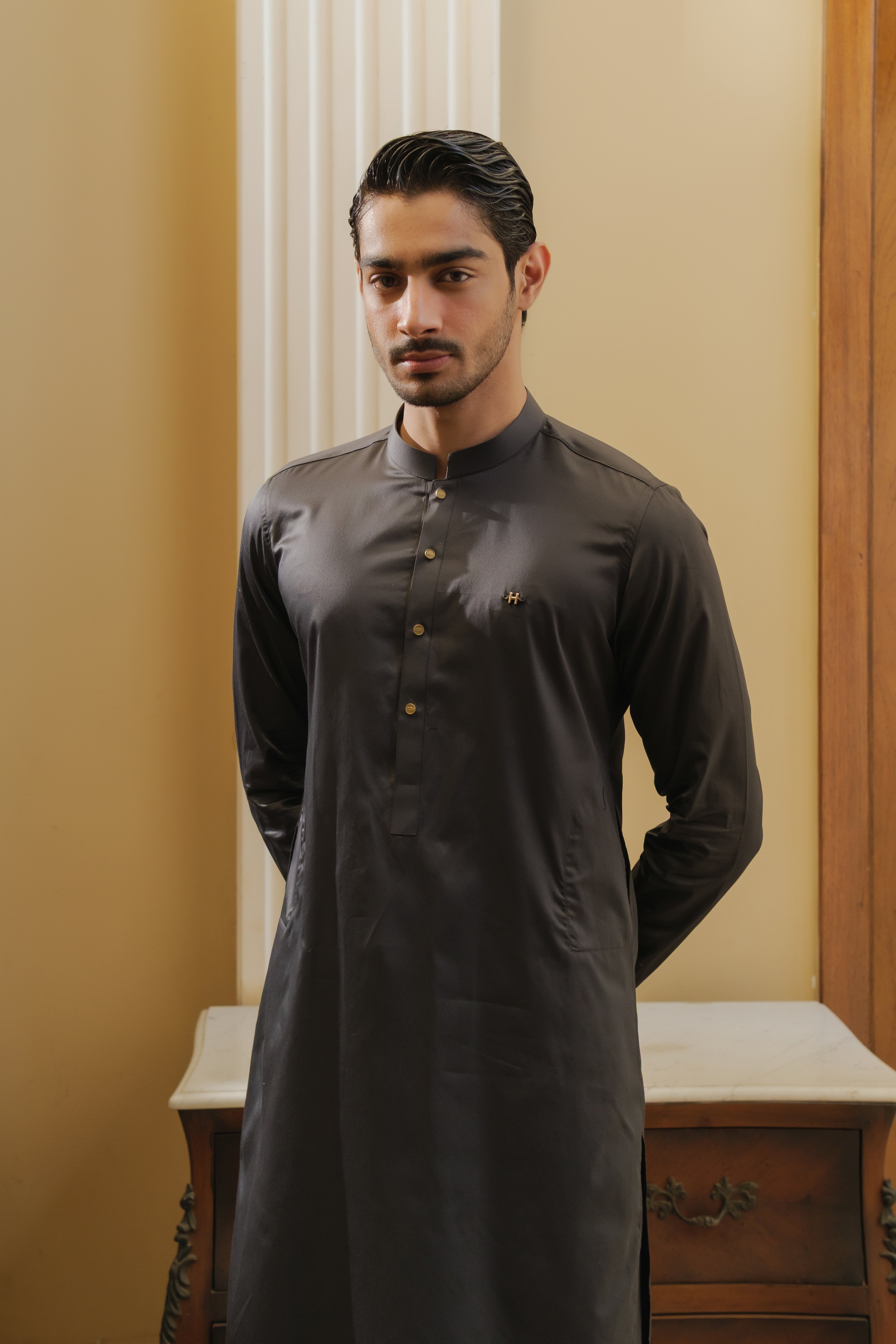 CEMENT GREY COTTON SATIN KURTA PAJAMA