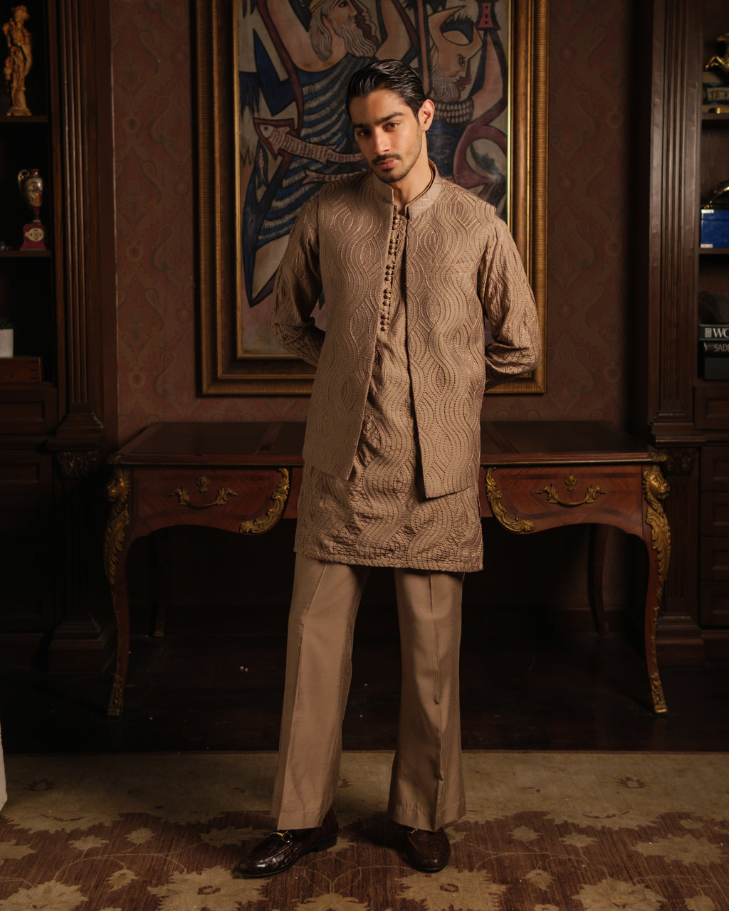 LIGHT BROWN ZARDOZI KURTA PAJAMA