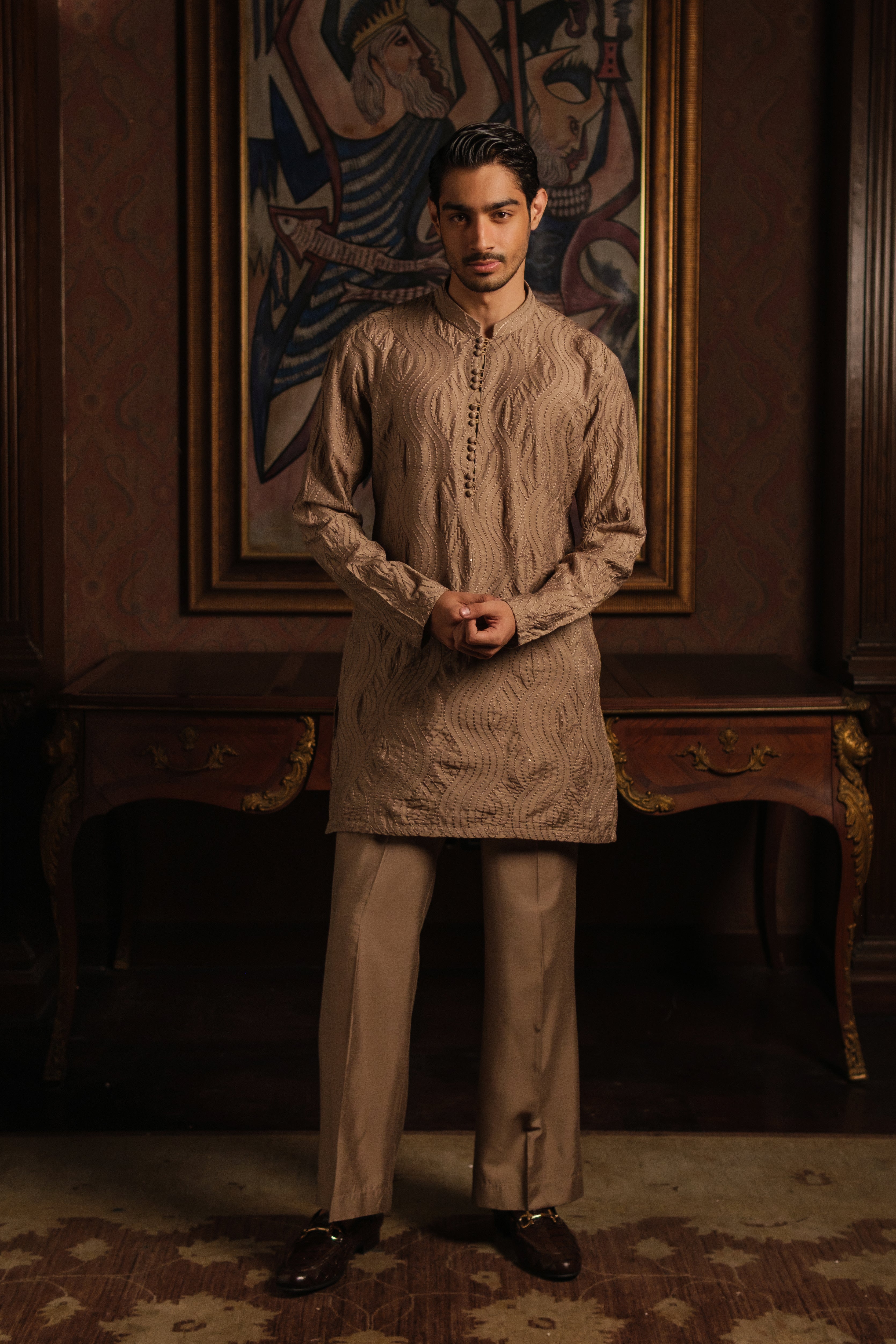 LIGHT BROWN ZARDOZI KURTA PAJAMA