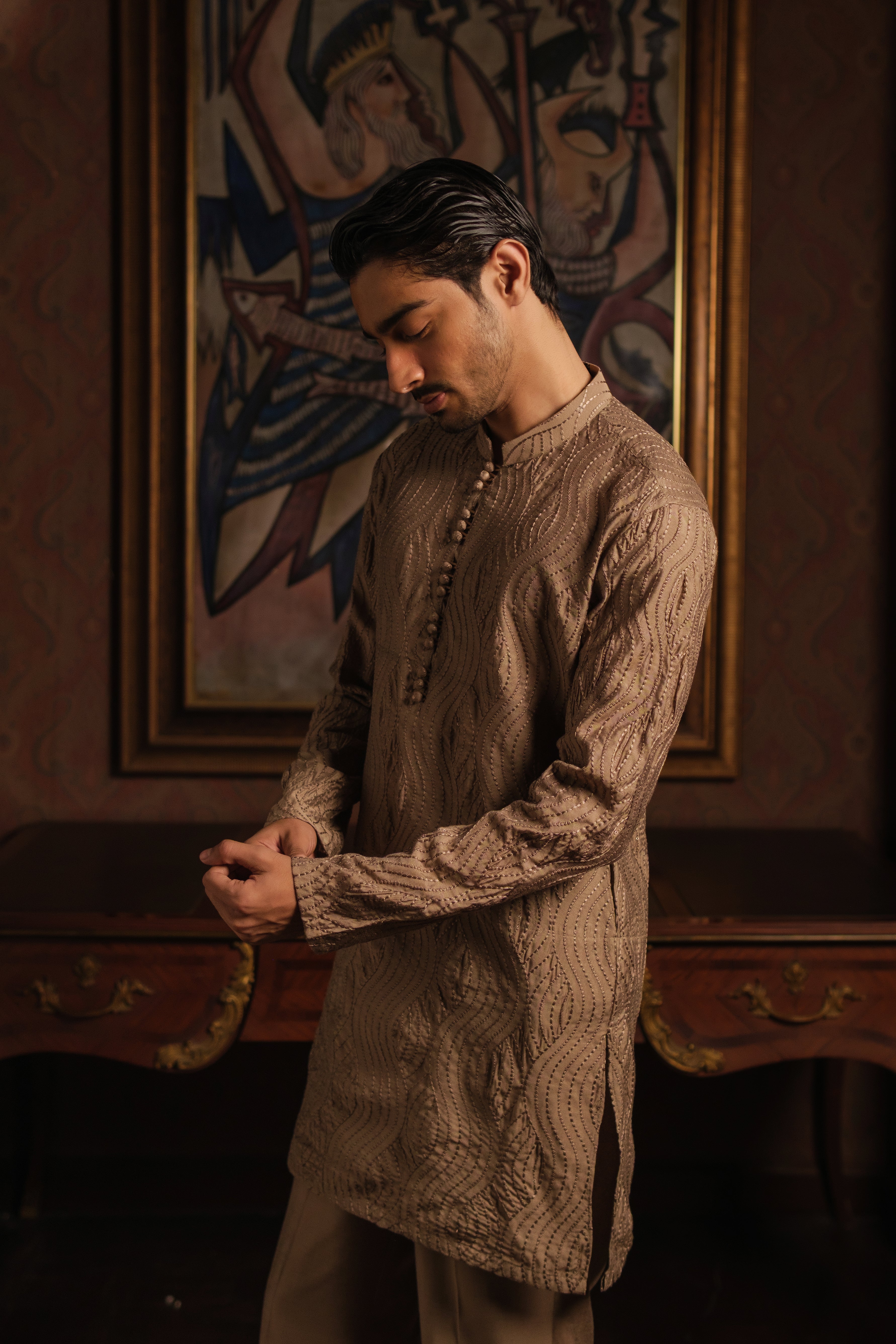 LIGHT BROWN ZARDOZI KURTA PAJAMA