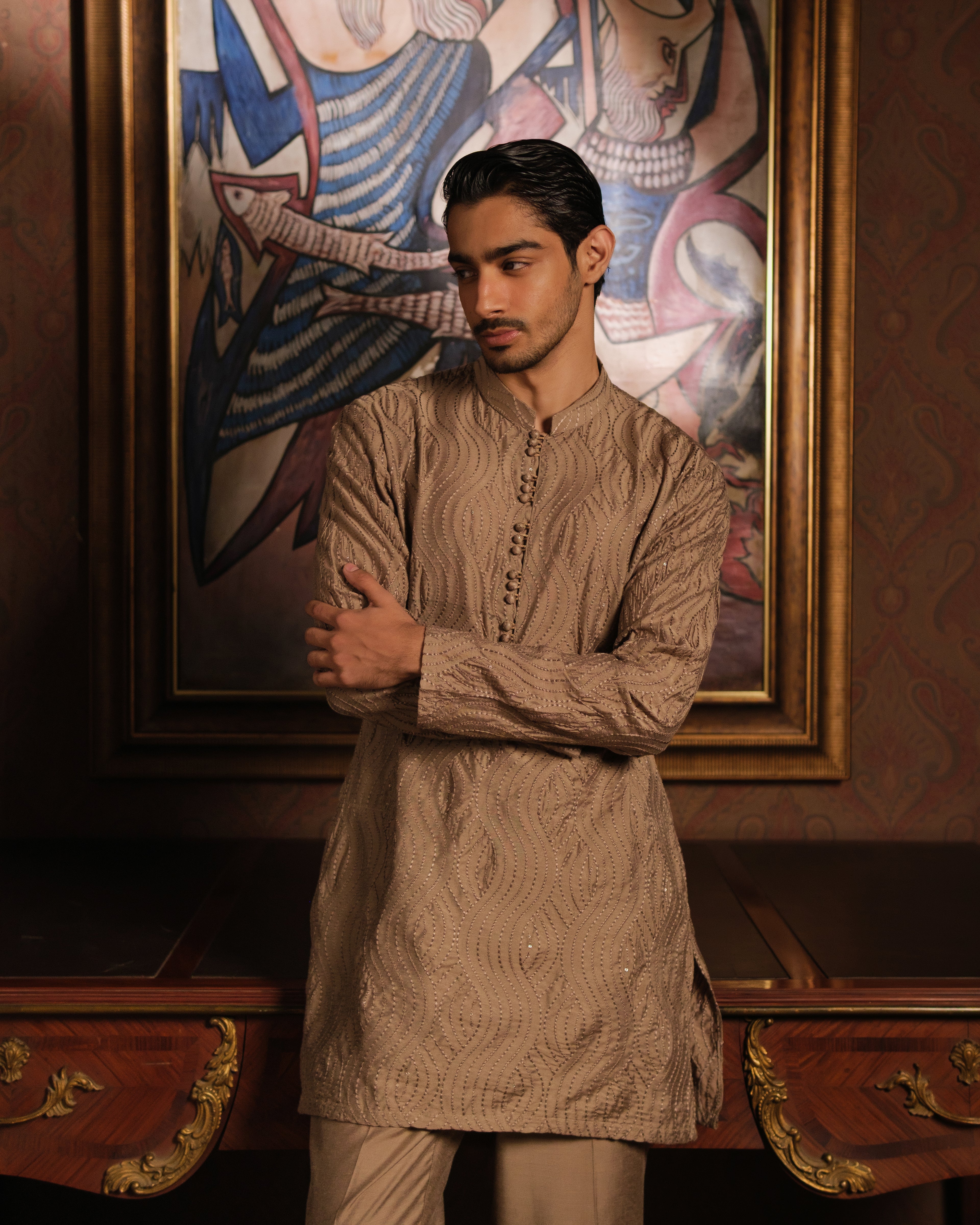 LIGHT BROWN ZARDOZI KURTA PAJAMA