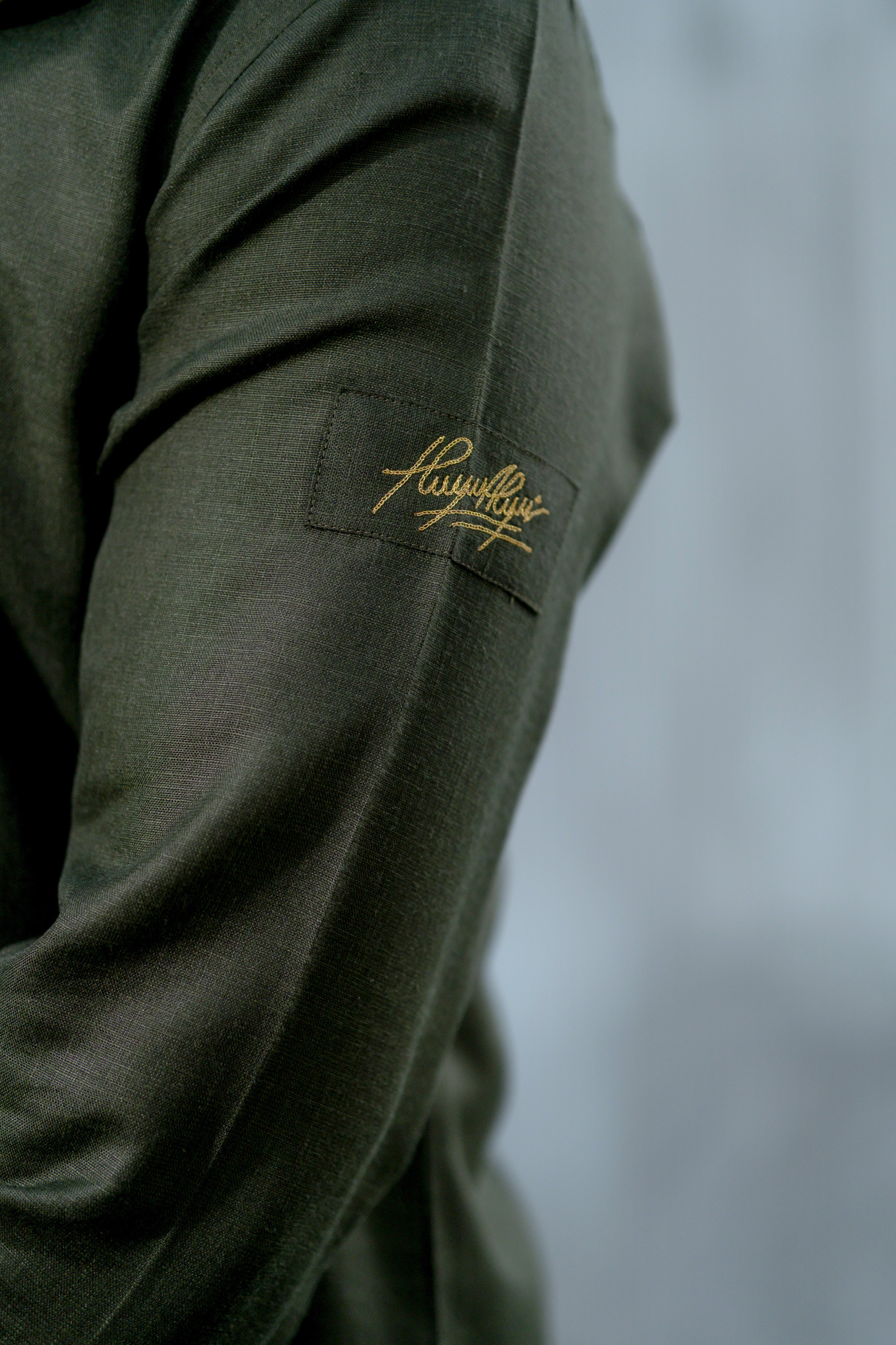 OLIVE GREEN LINEN HOODED KURTA PAJAMA