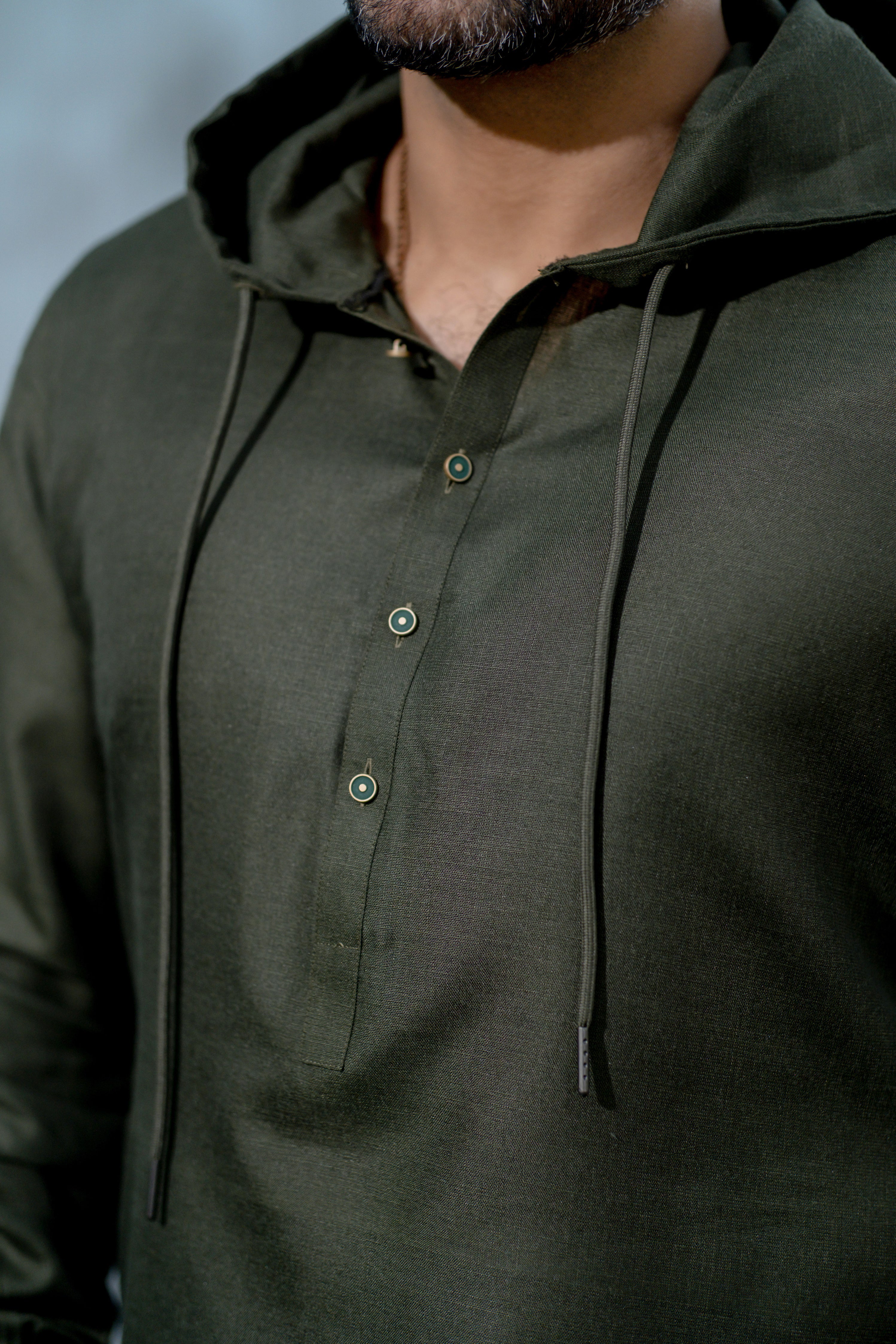 OLIVE GREEN LINEN HOODED KURTA PAJAMA
