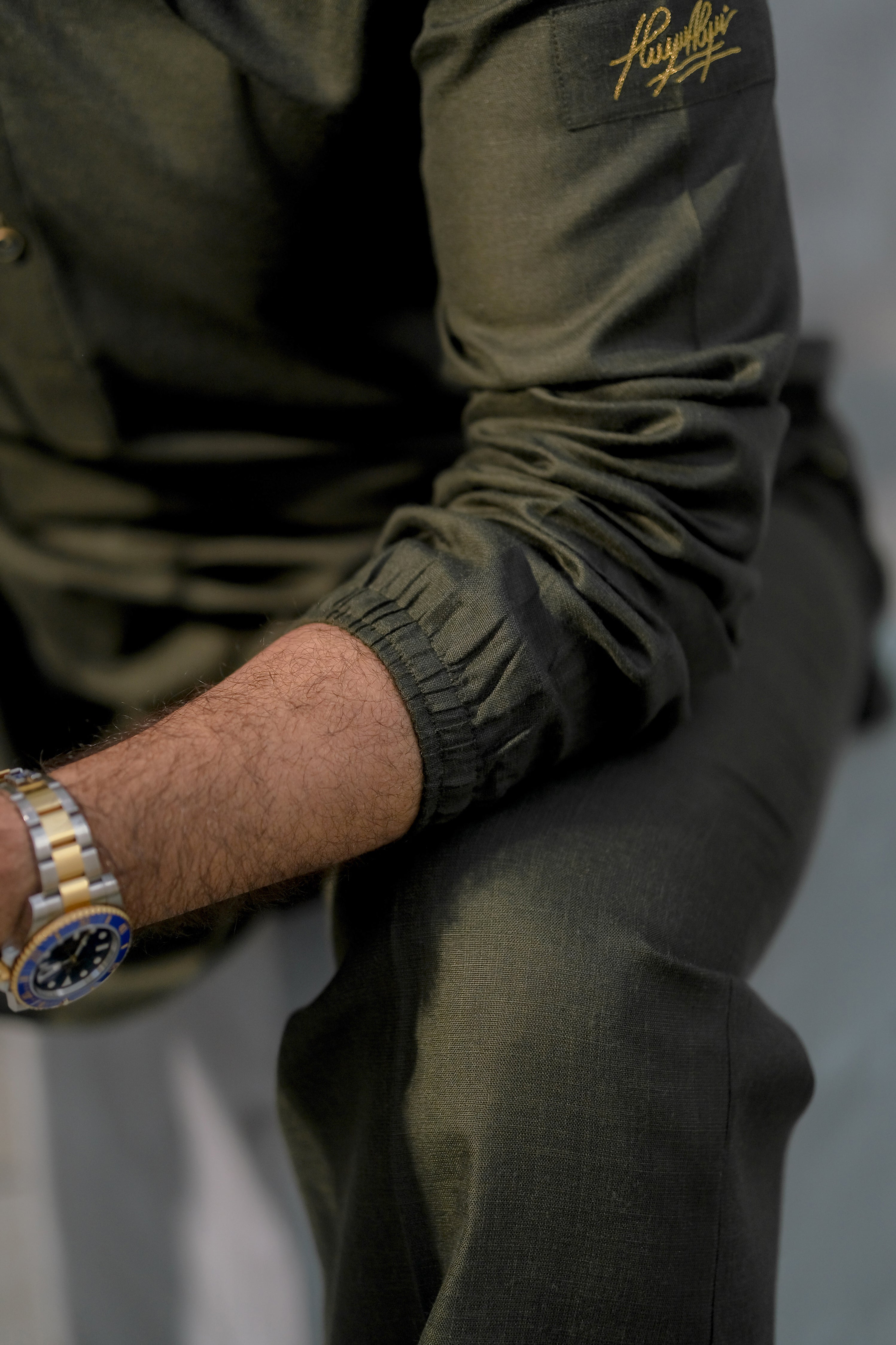 OLIVE GREEN LINEN HOODED KURTA PAJAMA