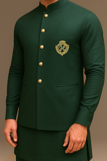 DARK GREEN WAISTCOAT WITH KURTA/PAJAMA - COTTON SILK Waist Coats Humayun Alamgir