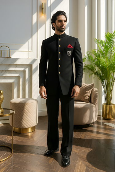 BLACK PRINCE SUIT WITH GOLDEN MOTIVE prince suits Humayun Alamgir