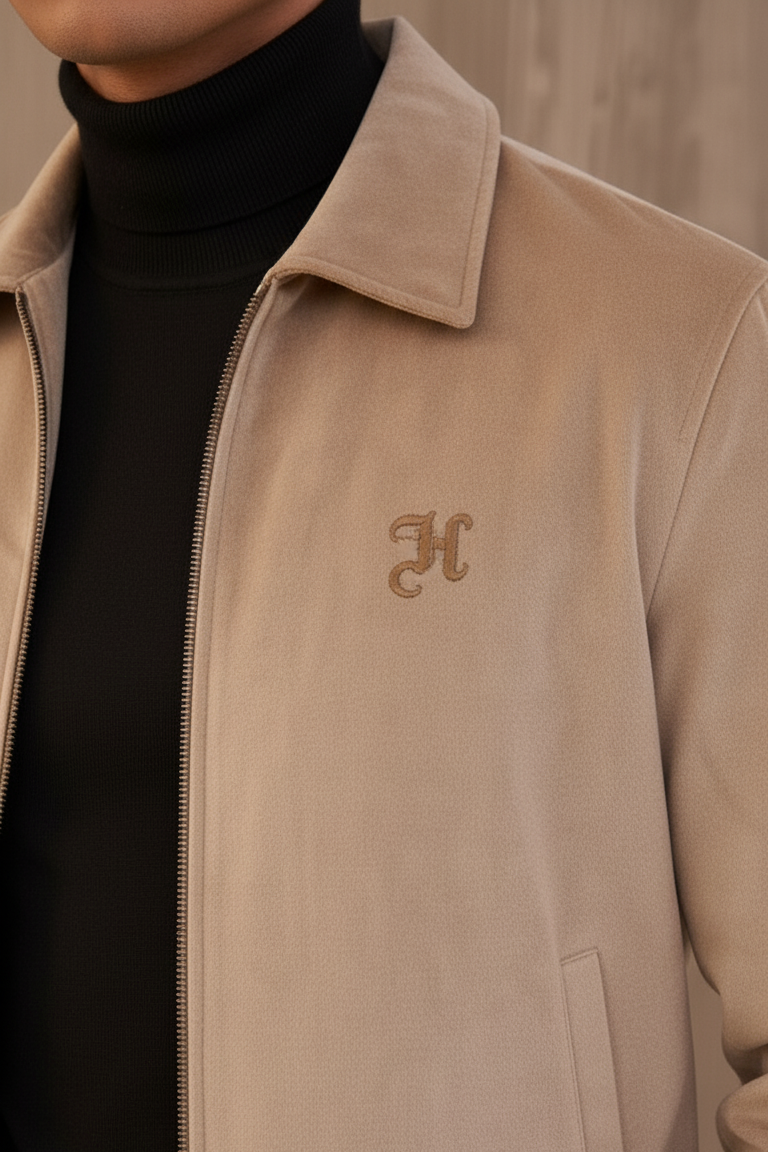 Embroidered Beige Velvet Jacket With Signature Winter Jackets Humayun Alamgir