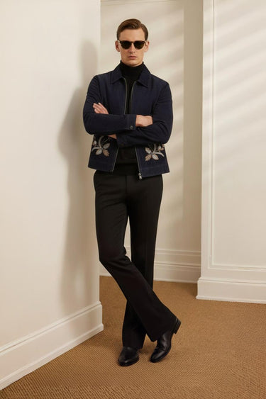 Embroidered Navy Blue Velvet Zipper Jacket Winter Jackets Humayun Alamgir