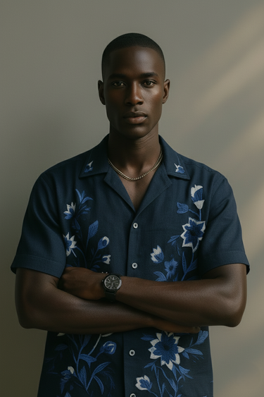 Navy blue Floral Embroidered Shirt Humayunalamgir