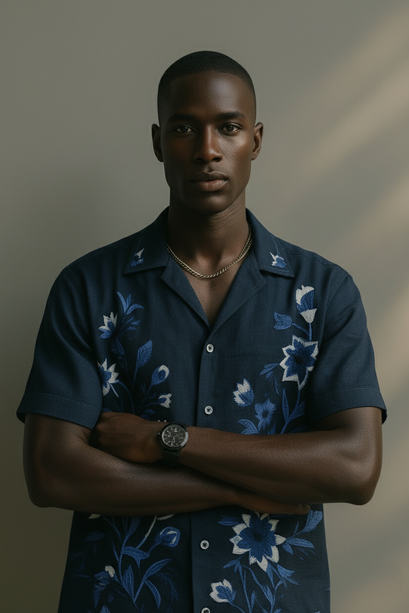 Navy blue Floral Embroidered Shirt Humayunalamgir