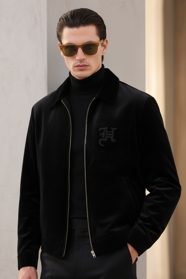 Embroidered Black Velvet Jacket With Signature Winter Jackets Humayun Alamgir