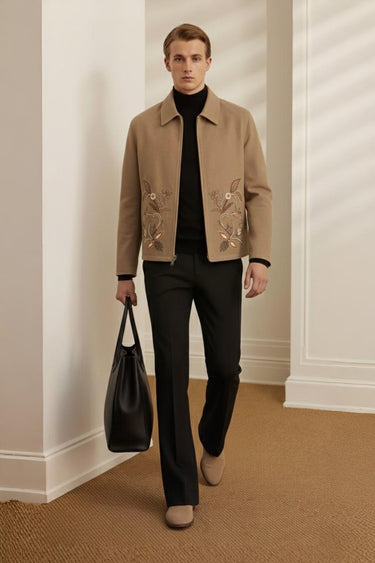 Embroidered Beige Velvet Zipper Jacket Winter Jackets Humayun Alamgir