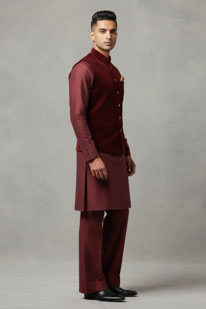 maroon velvet waistcoat with kurta/trouser Waist Coats Humayun Alamgir