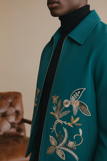 Embroidered Turqoise Velvet Zipper Jacket Winter Jackets Humayun Alamgir