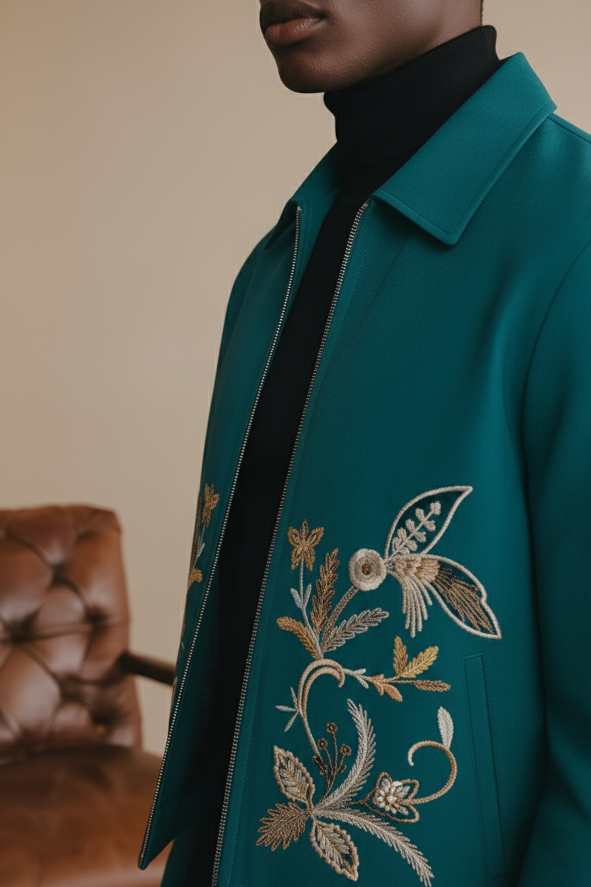 Embroidered Turqoise Velvet Zipper Jacket Winter Jackets Humayun Alamgir