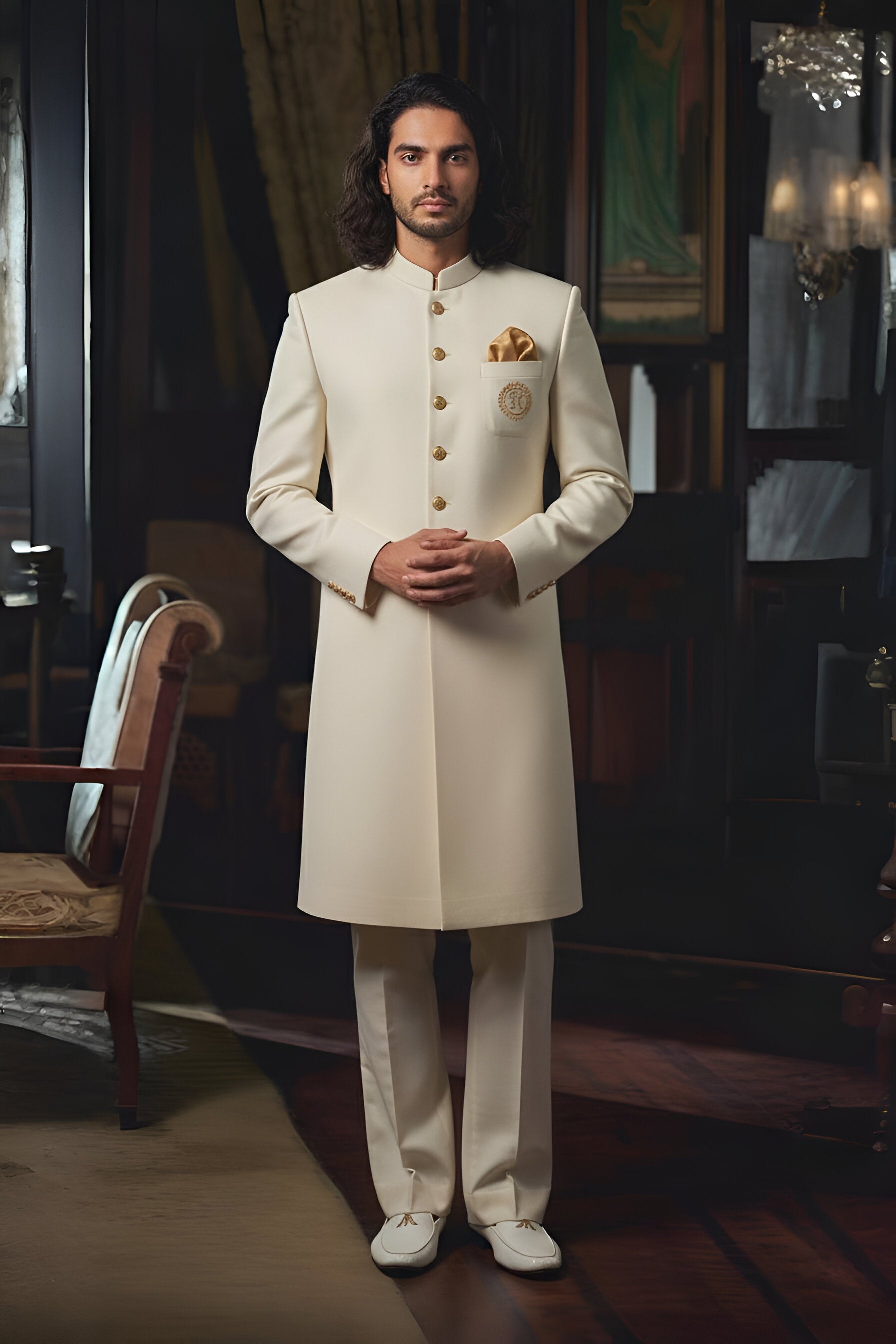 Off-White Sherwani with Golden Motif sherwani Humayun Alamgir